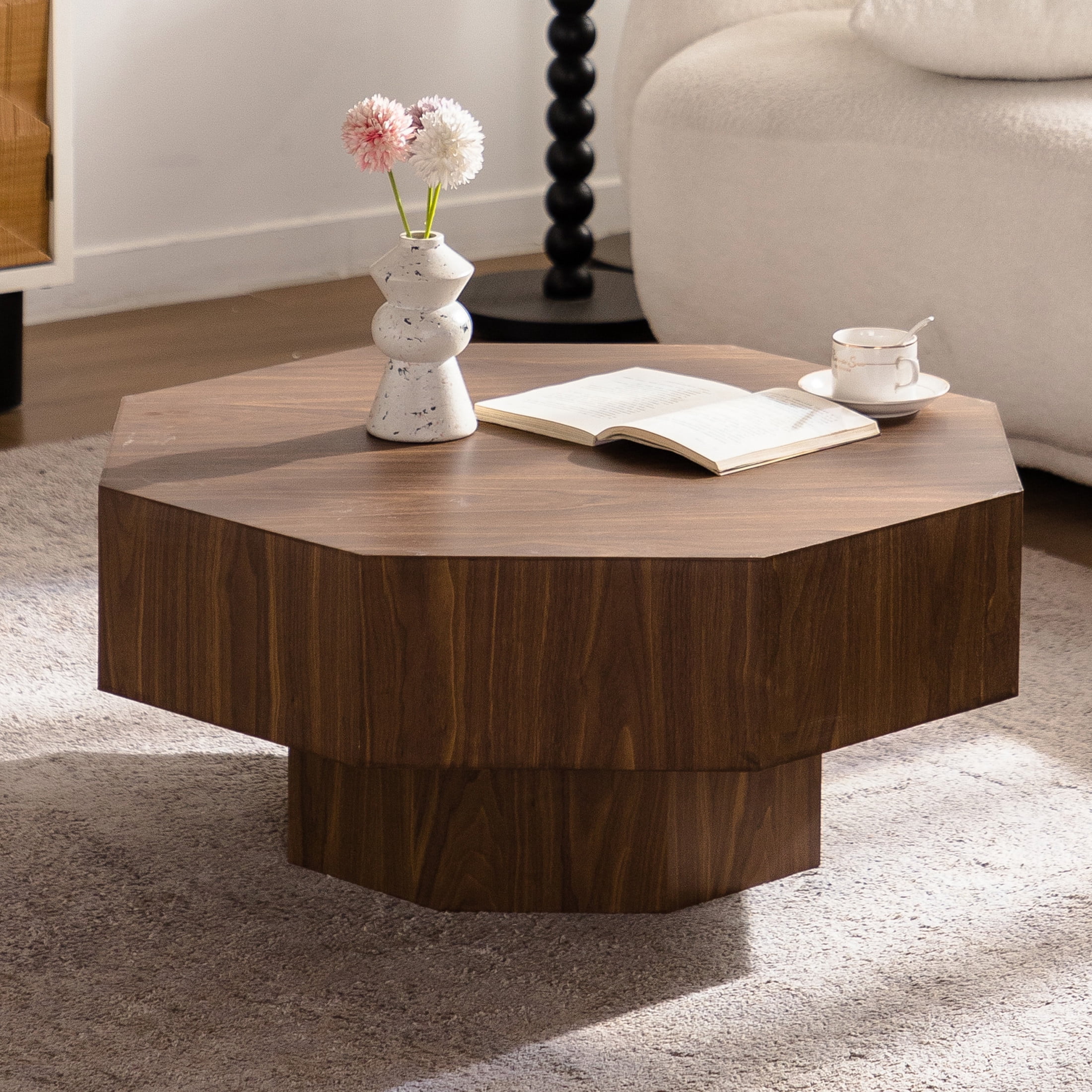 Noble House 30" Octagonal Wood Coffee Table, Minimalist Design for Modern Living Room, Bedroom, Walnut