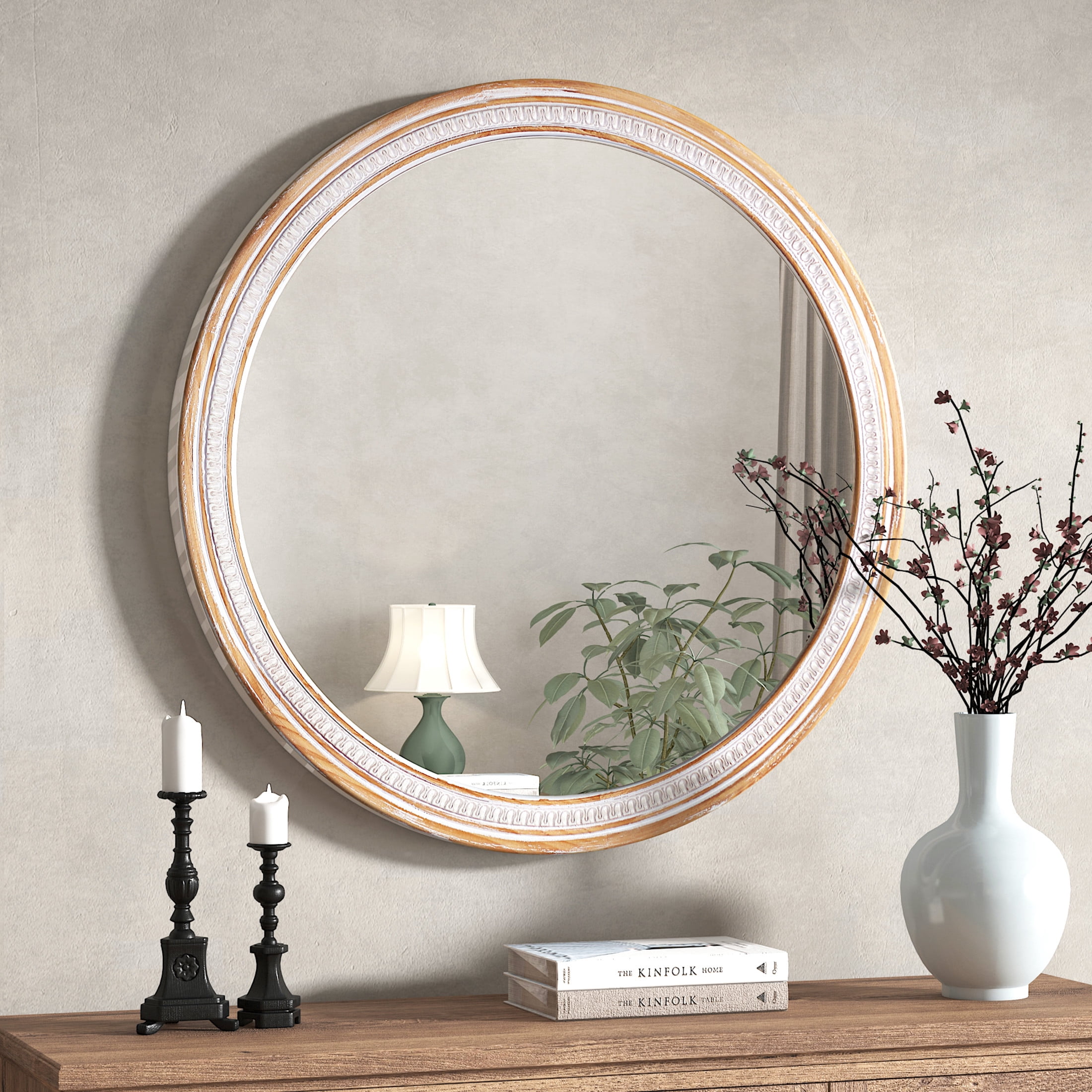 Noble House 30" Round Solid Wood Farmhouse Wall Mirror, Rustic Boho Decorative Mirror for Bathroom, Antique White