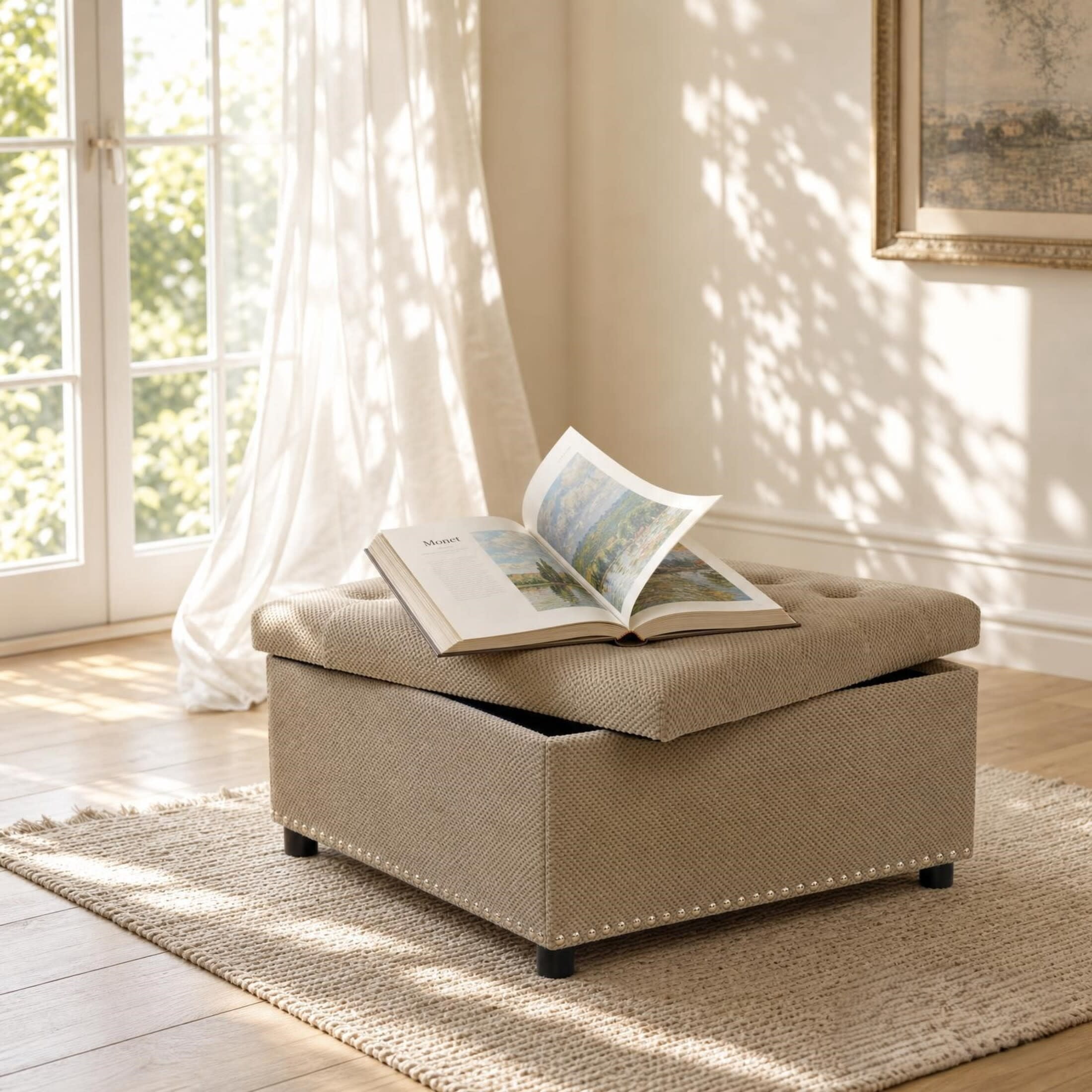 Noble House 30" Square Storage Ottoman with Tufted Top, Nailhead Trim, Camel