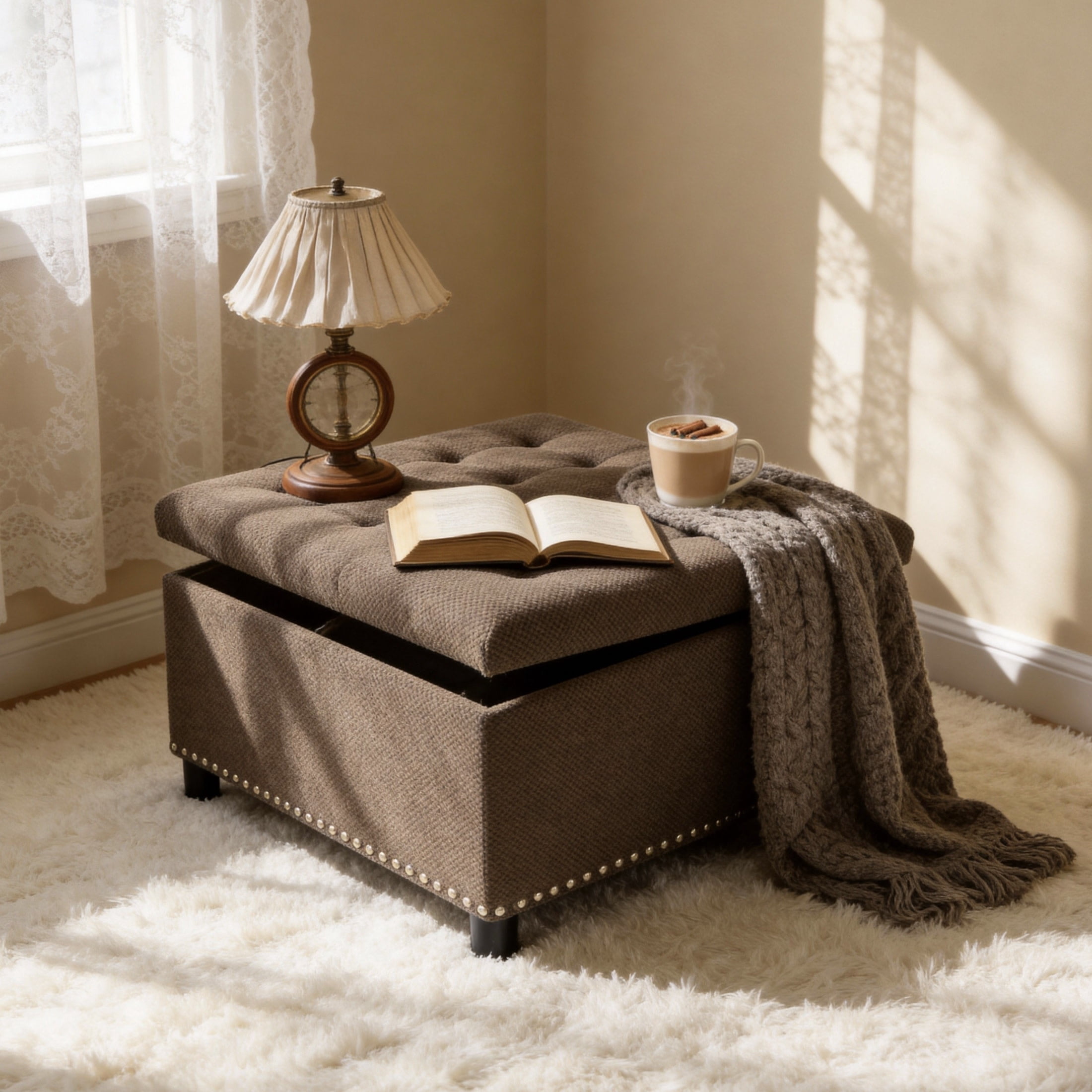 Noble House 30" Square Storage Ottoman with Tufted Top, Nailhead Trim, Coffee