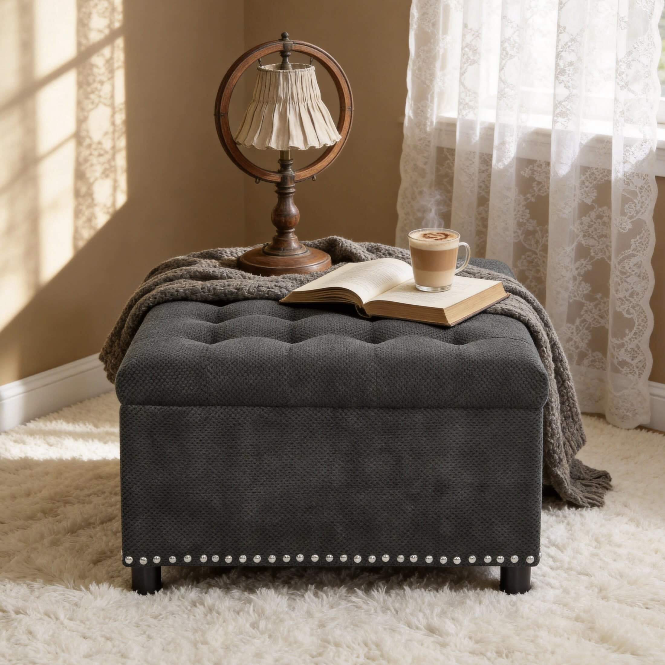 Noble House 30" Square Storage Ottoman with Tufted Top, Nailhead Trim, Dark Gray