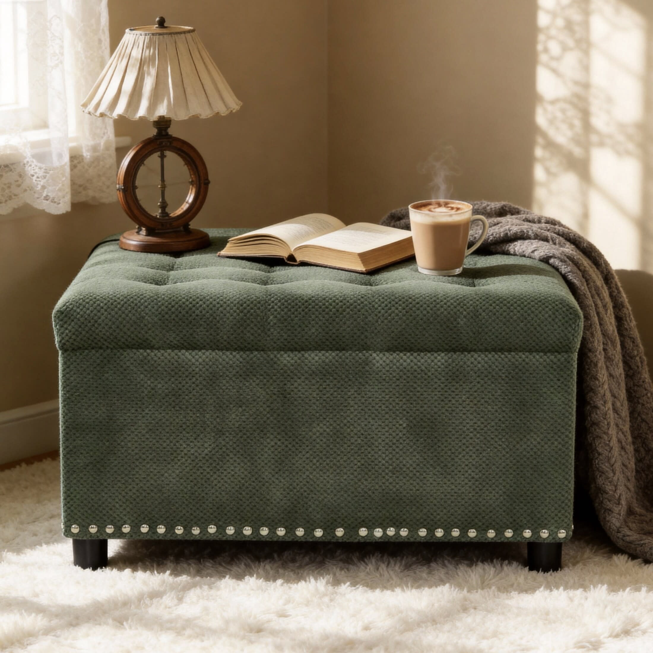 Noble House 30" Square Storage Ottoman with Tufted Top, Nailhead Trim, Green