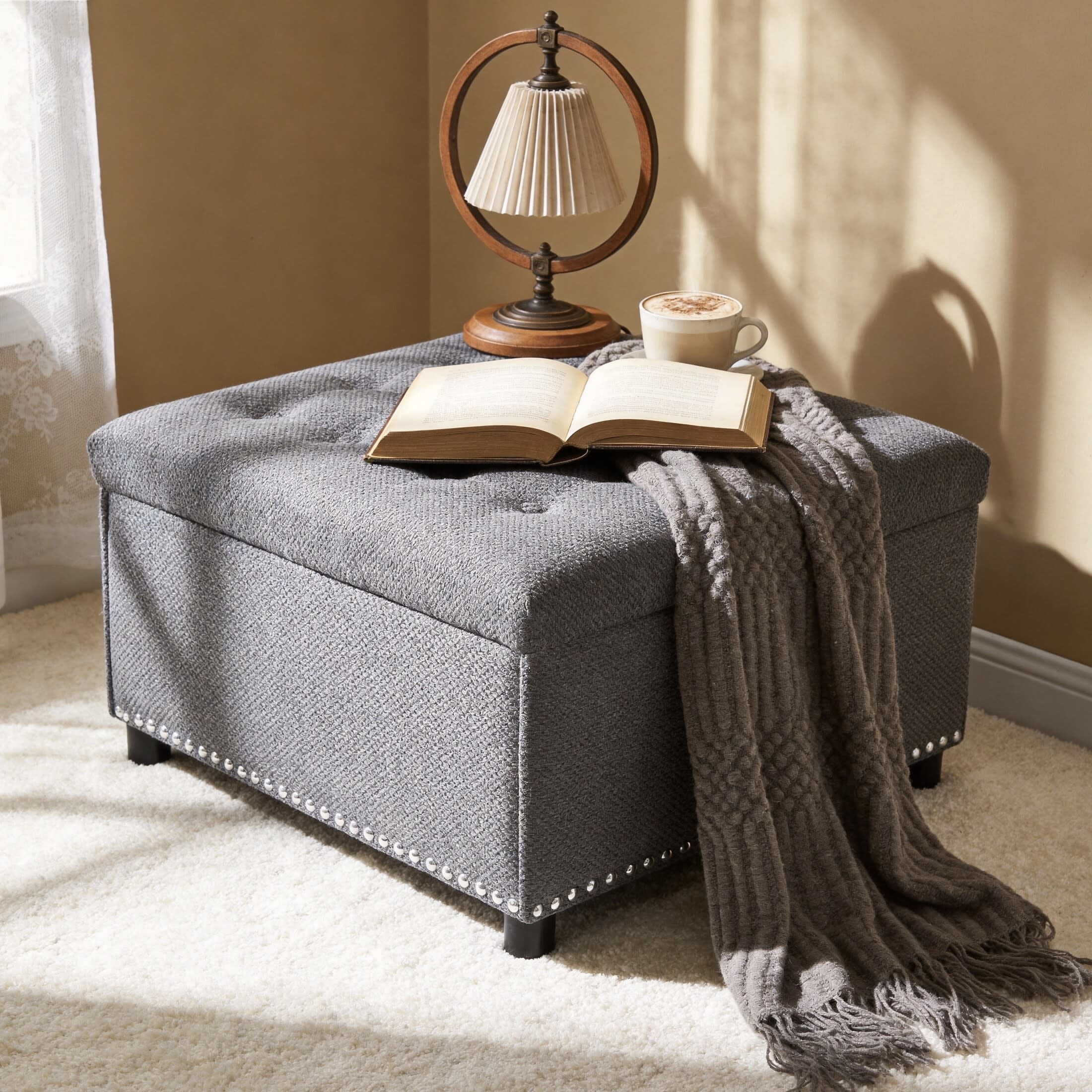 Noble House 30" Square Storage Ottoman with Tufted Top, Nailhead Trim, Light Gray