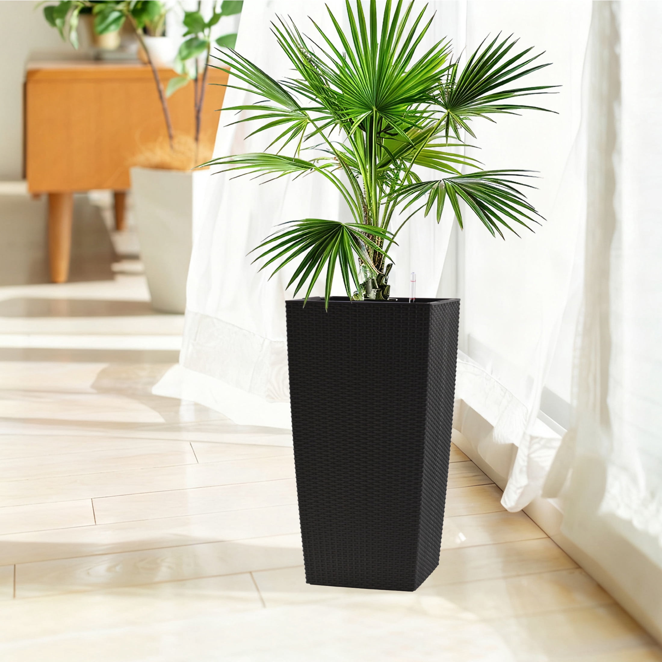 Noble House 30" Tall Self-Watering Planter, Large Indoor Outdoor Flower Pot with Water Level Monitor, Black