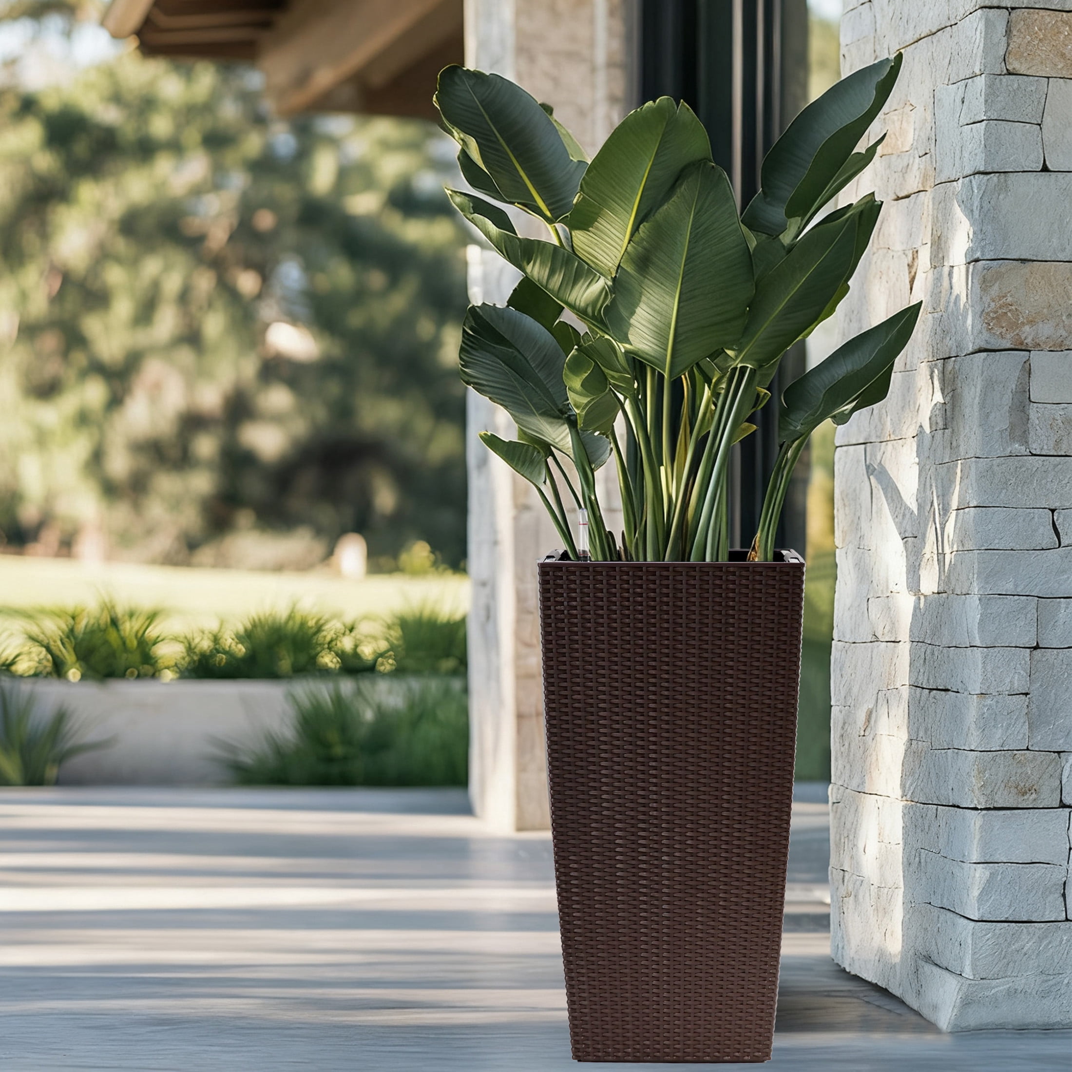 Noble House 30" Tall Self-Watering Planter, Large Indoor Outdoor Flower Pot with Water Level Monitor, Brown