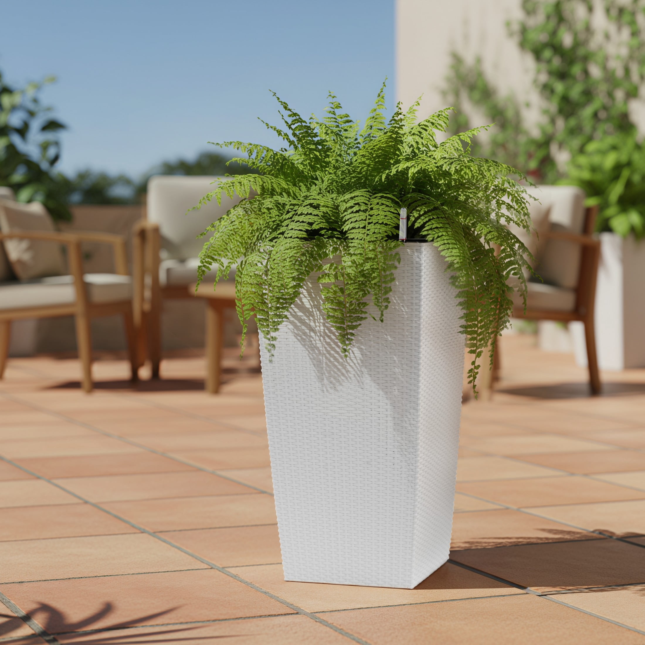 Noble House 30" Tall Self-Watering Planter, Large Indoor Outdoor Flower Pot with Water Level Monitor, White