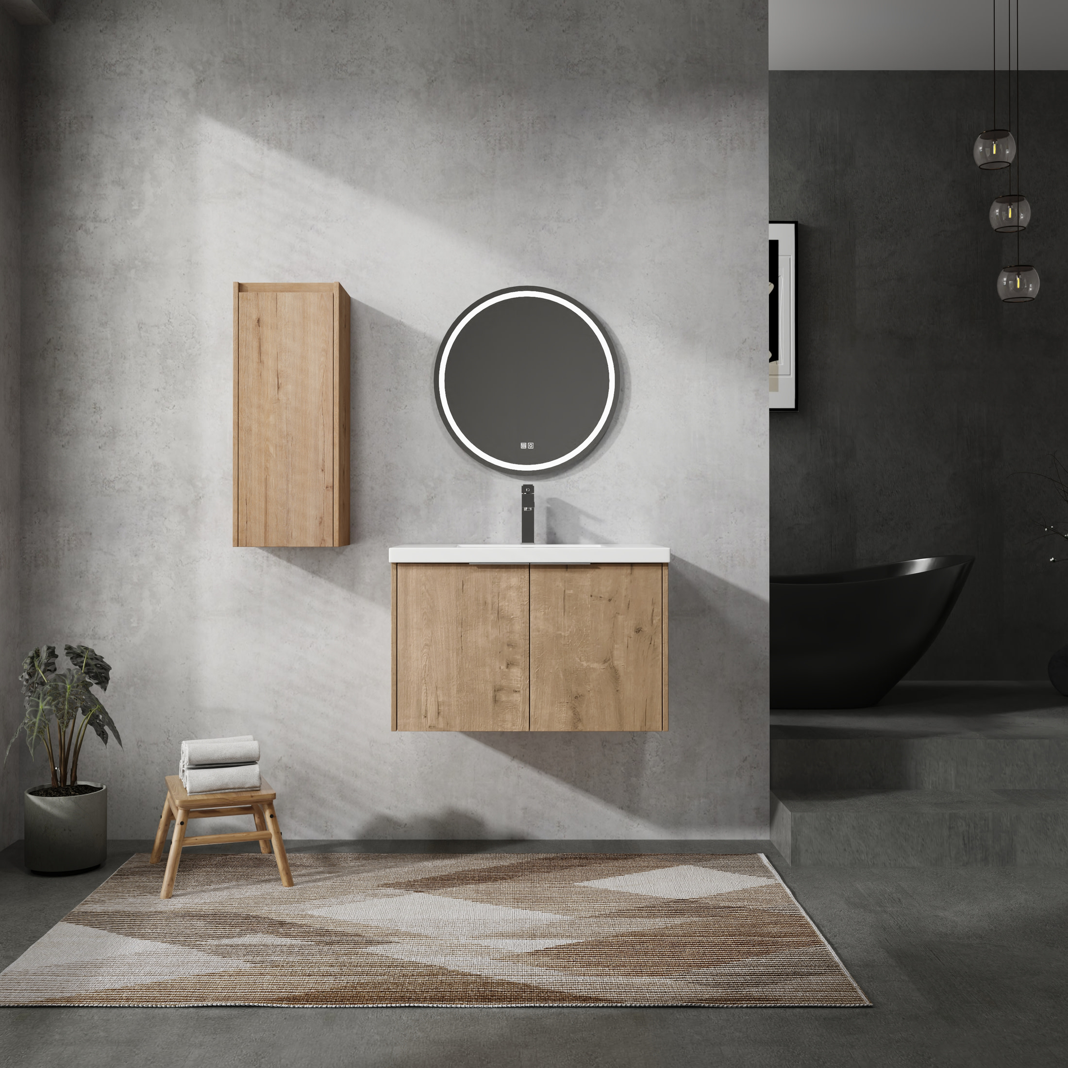 Noble House 30" Wall-Mounted Bathroom Vanity, Resin Sink & Side Cabinet, Soft-Close Doors, Floating Set, Imitative Oak