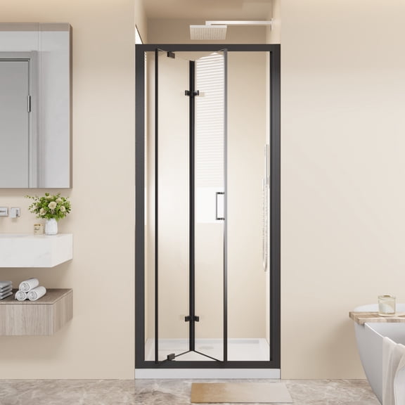 Noble House 30" x 72" Framed Bi-fold Pivot Shower Door, Clear Tempered Glass Space-Saving Folding Door, Matt Black