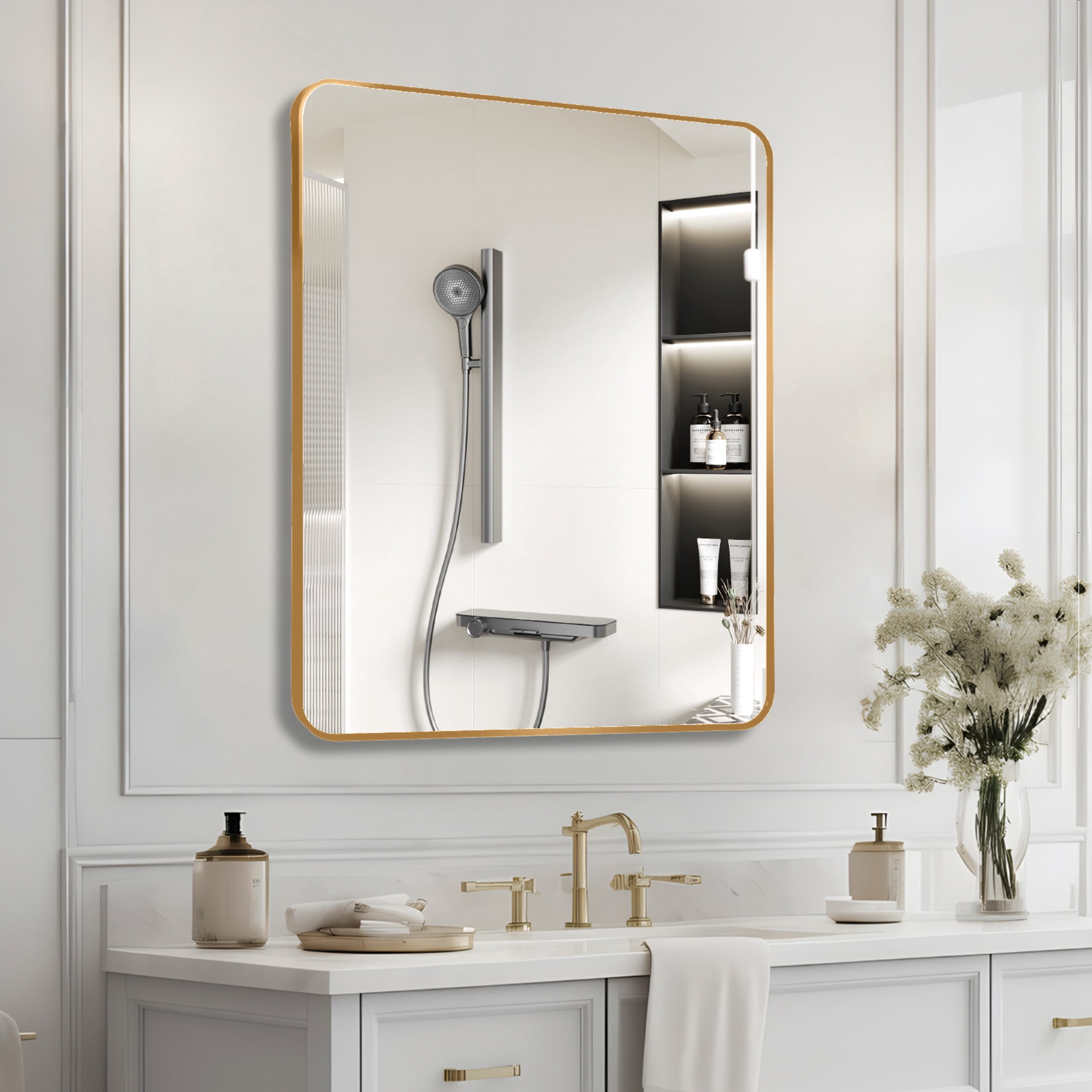 Noble House 30"x36" Rectangular Metal Wall Mirror, Vanity Mirror for Bathroom, Bedroom & Living Room, Gold