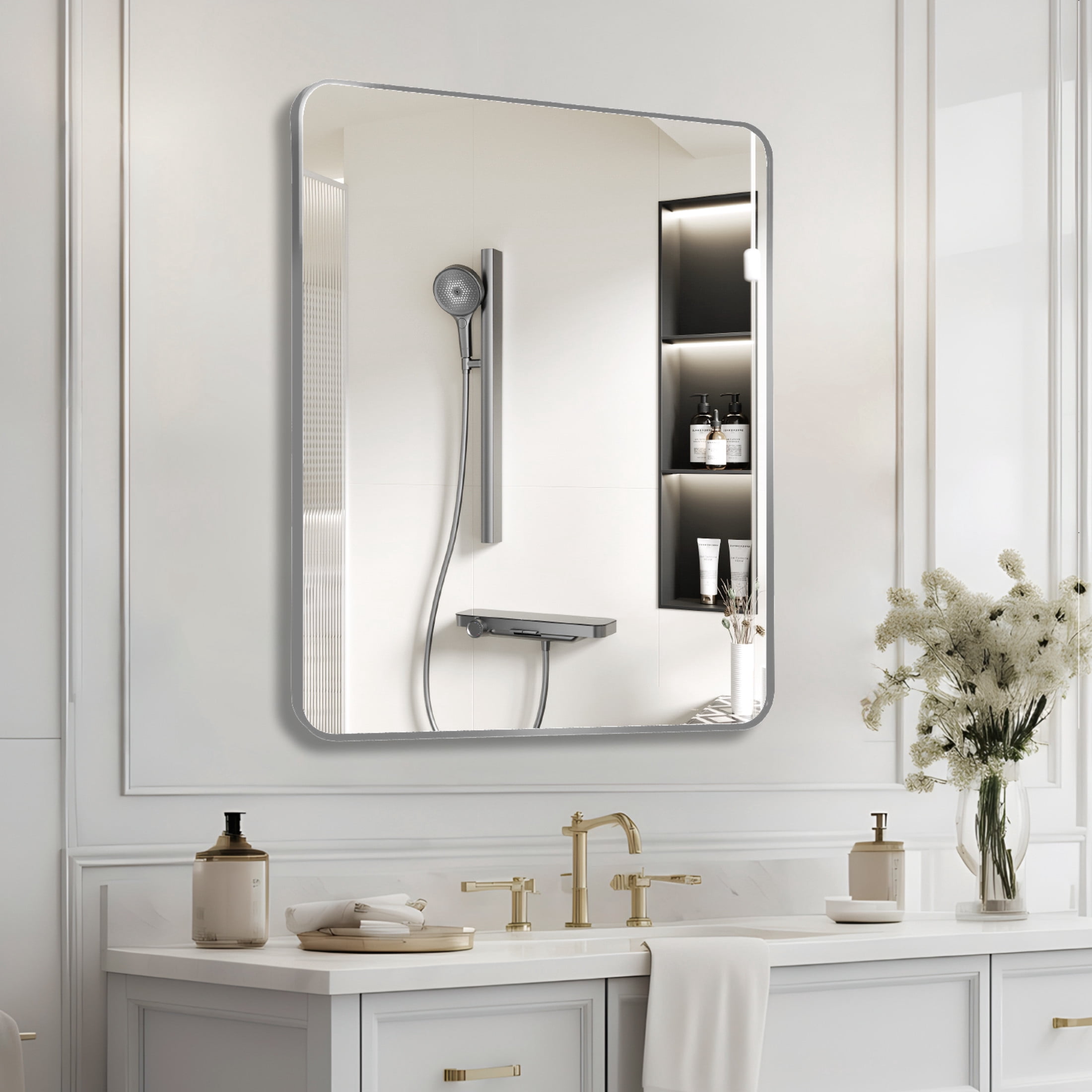Noble House 30"x36" Rectangular Metal Wall Mirror, Vanity Mirror for Bathroom, Bedroom & Living Room, Silver