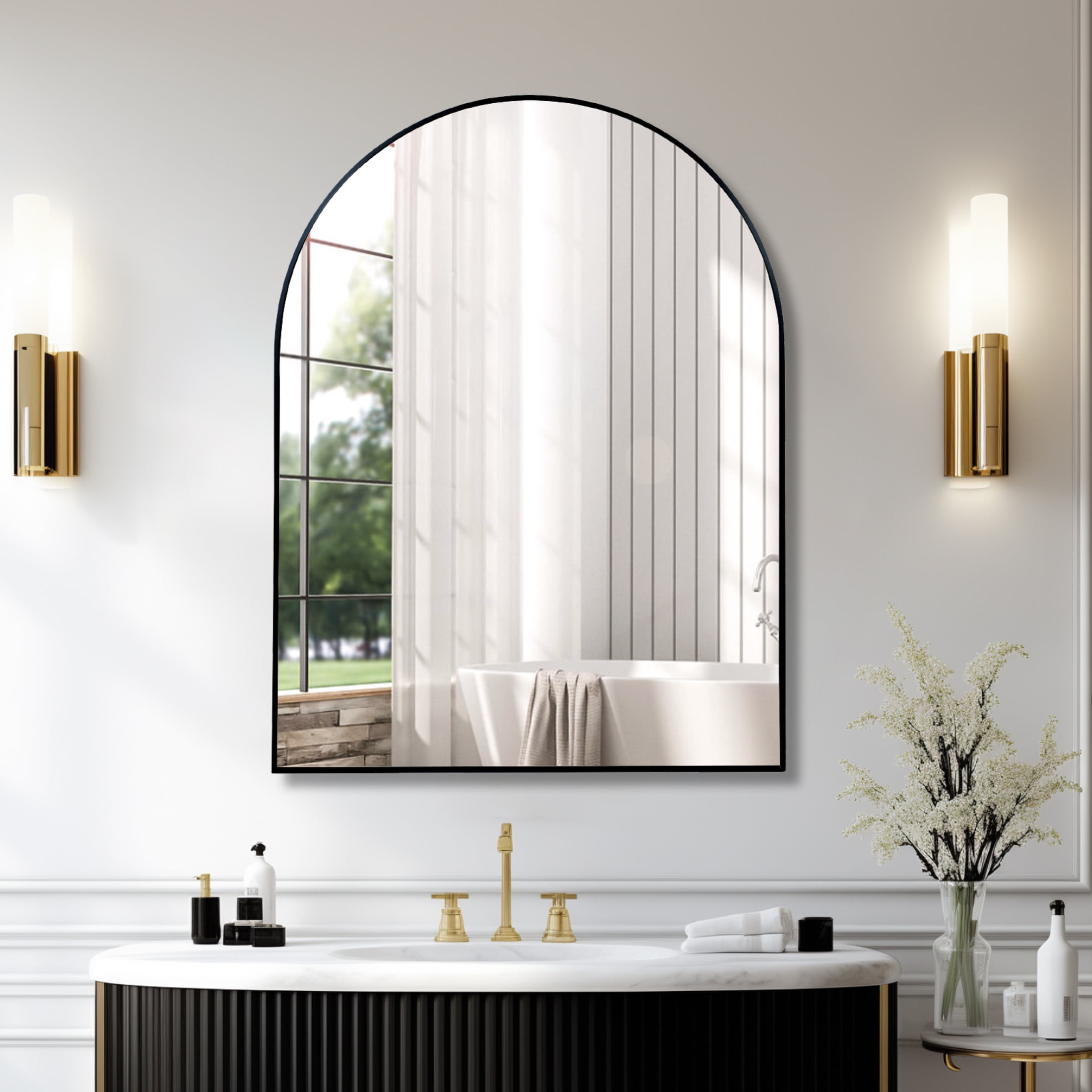 Noble House 30"x40" Arched Metal Wall Mirror, Vanity Mirror for Bathroom, Bedroom & Living Room, Black