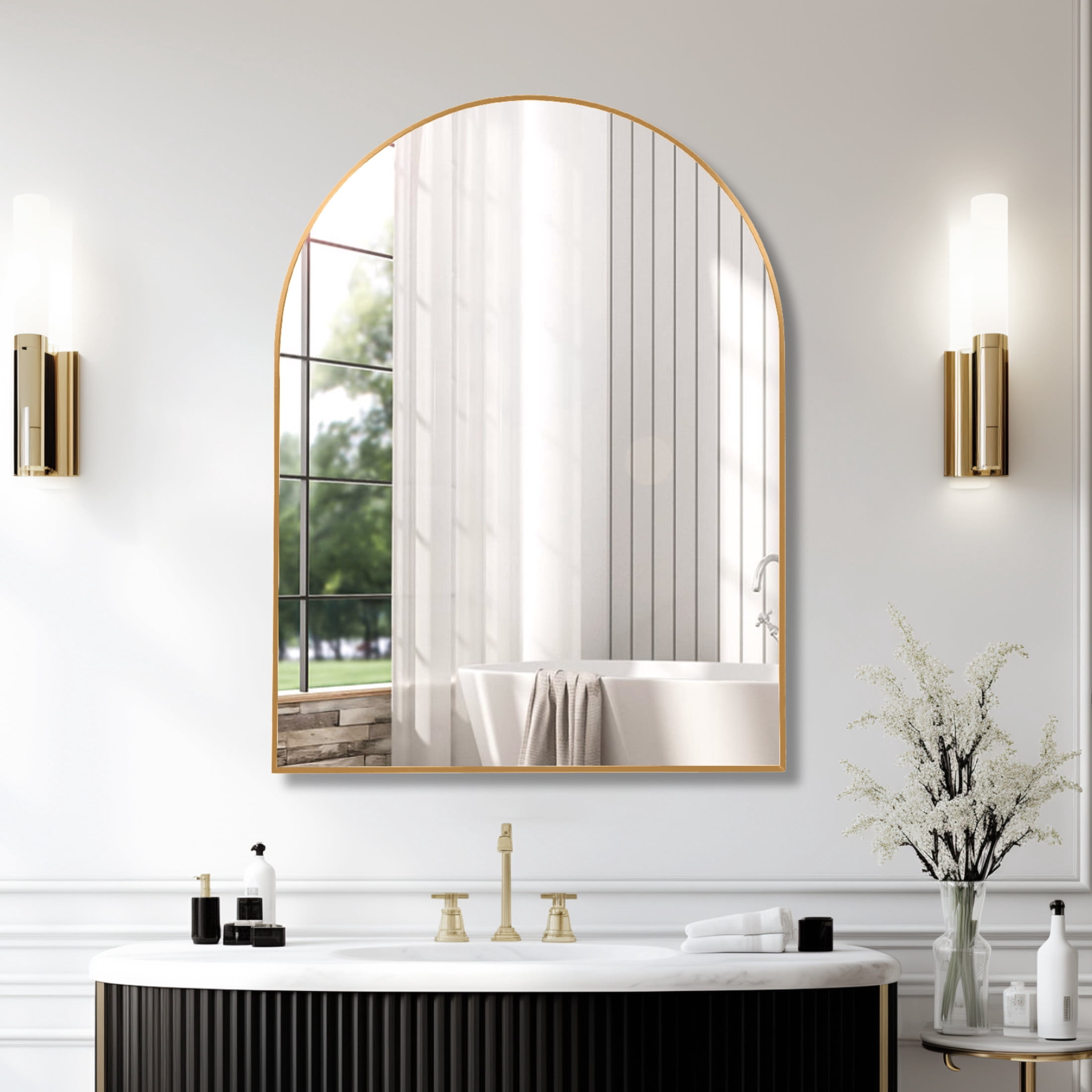 Noble House 30"x40" Arched Metal Wall Mirror, Vanity Mirror for Bathroom, Bedroom & Living Room, Gold
