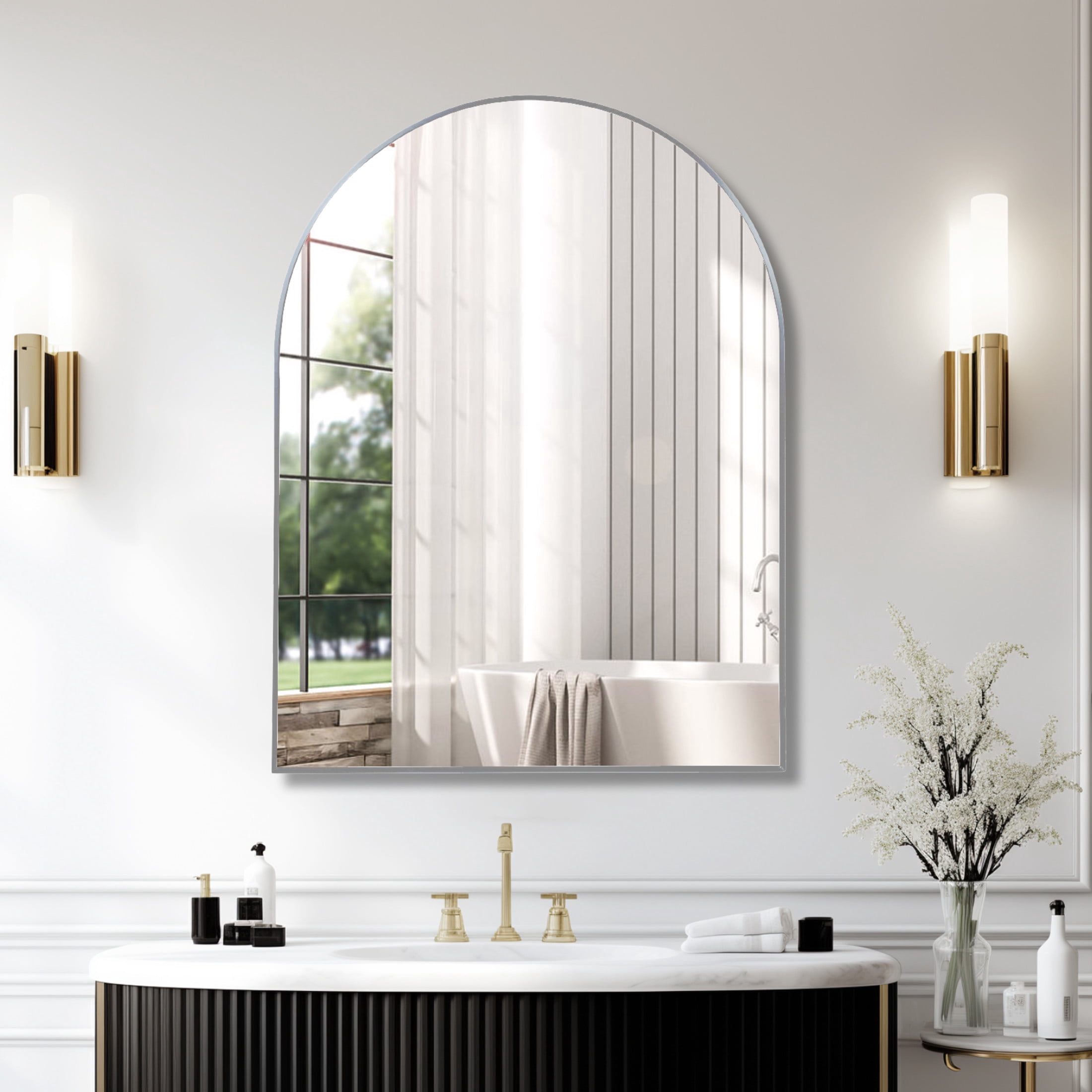 Noble House 30"x40" Arched Metal Wall Mirror, Vanity Mirror for Bathroom, Bedroom & Living Room, Silver