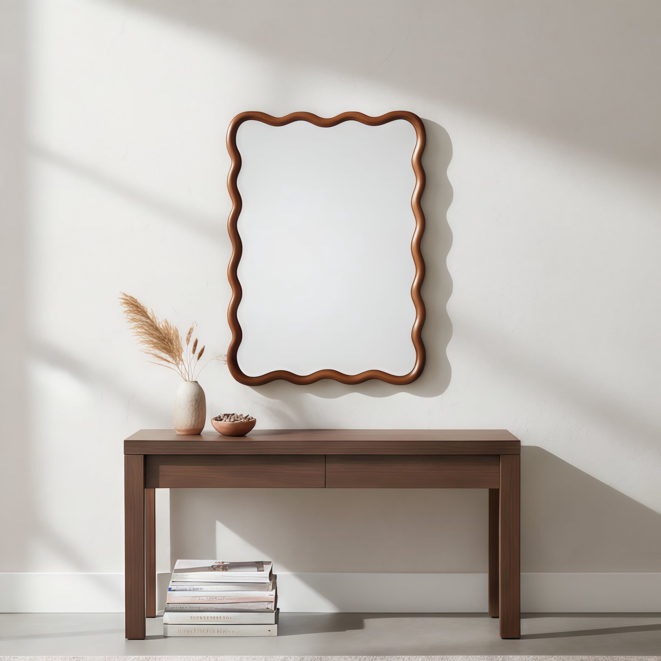 Noble House 30"x40" Wavy Rectangle Wall Mirror, Solid Wood Frame Decorative Accent Mirror for Entryway/Bathroom, Walnut