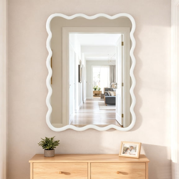 Noble House 30x40 Inch Wavy Rectangle Wall Mirror, Solid Wood Decorative Vanity Mirror, White