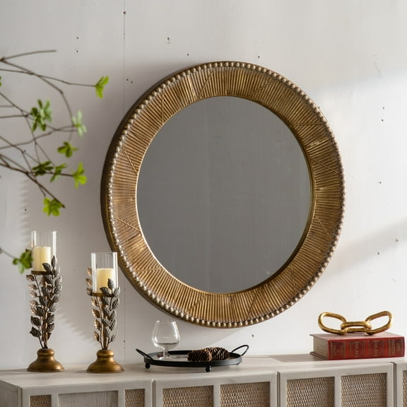 Noble House 31.3" Gold Textured Round Wall Mirror, Iron Frame Boho Accent Mirror for Living Room or Entryway, Natural