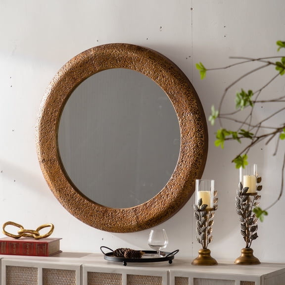 Noble House 31.3" Hammered Round Wall Mirror, Iron Rustic Industrial Accent Mirror for Living Room or Bedroom, Golden