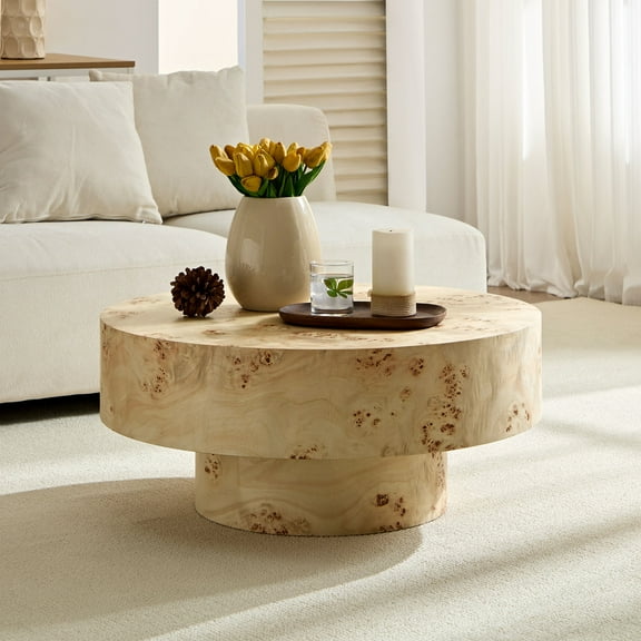 Noble House 31.49" Round Coffee Table, Burl Wood Veneer, Sturdy Drum Pedestal, Mid-Century Accent, Natural