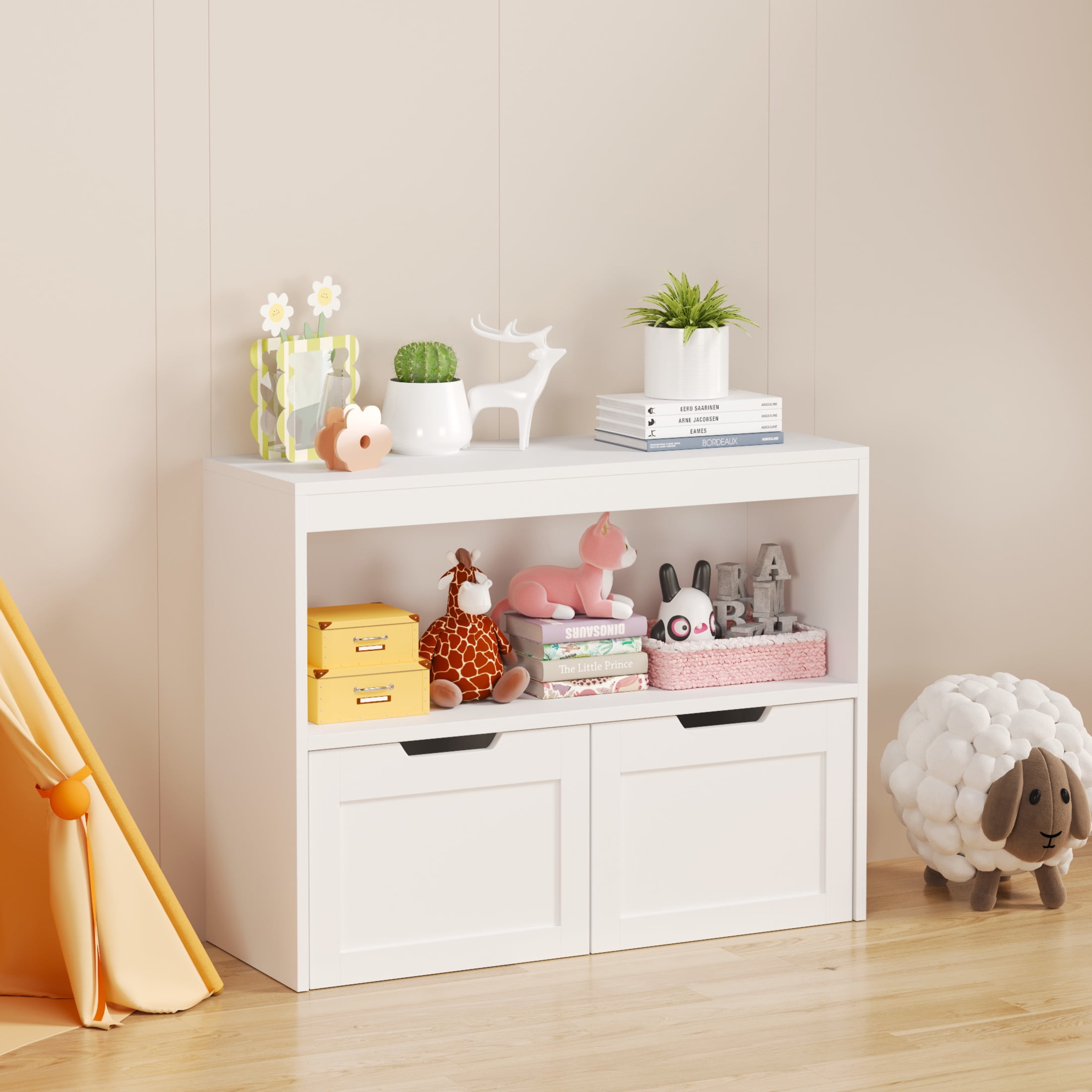 Noble House 31.5" Kids Book Organizer and Toy Storage Cabinet, 2 Drawer Rolling Toy Chest with Open Shelves, White