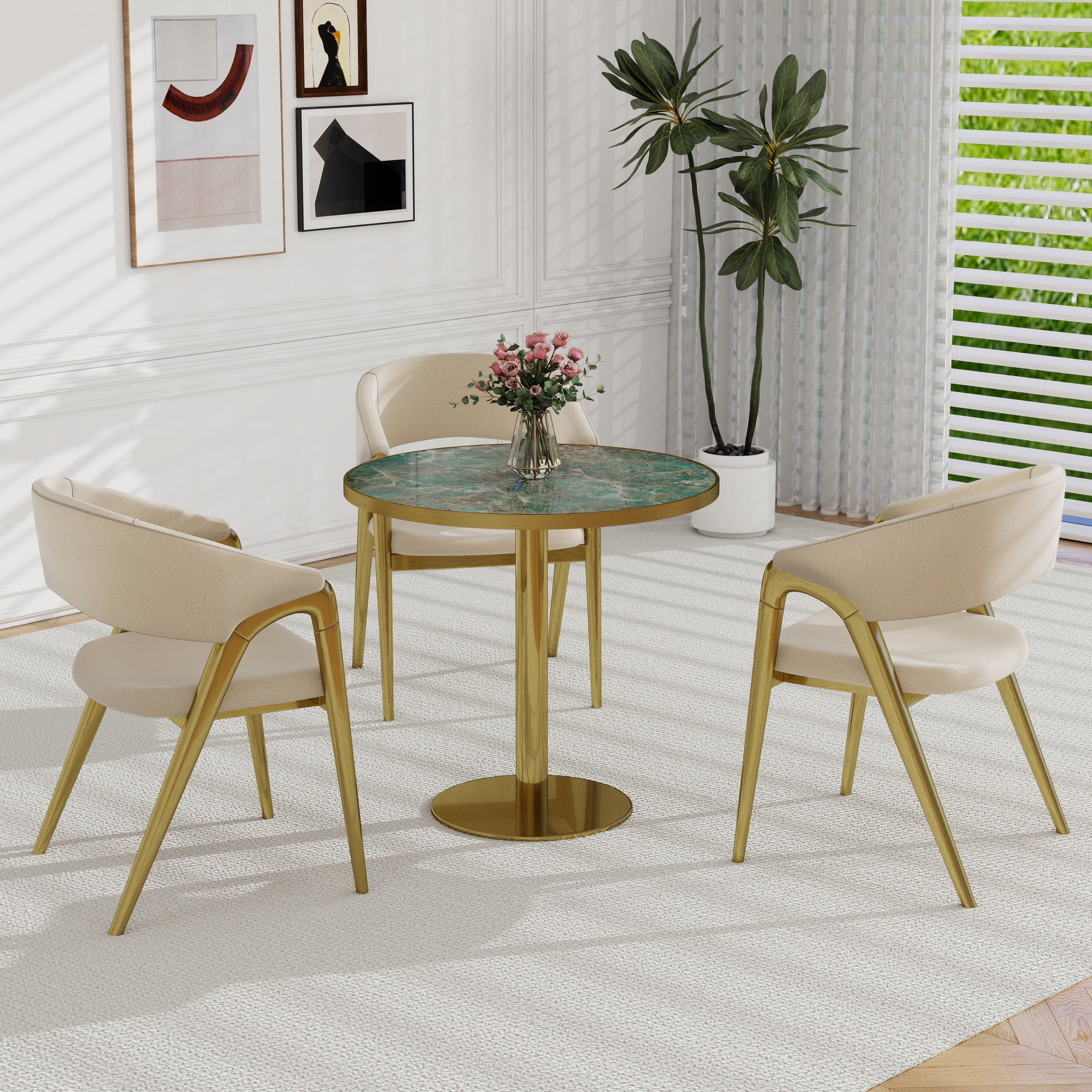 Noble House 31.5" Round Dining Table with Faux Marble Top, Luxury Bistro Table with Stainless Steel Legs, Gray & Gold