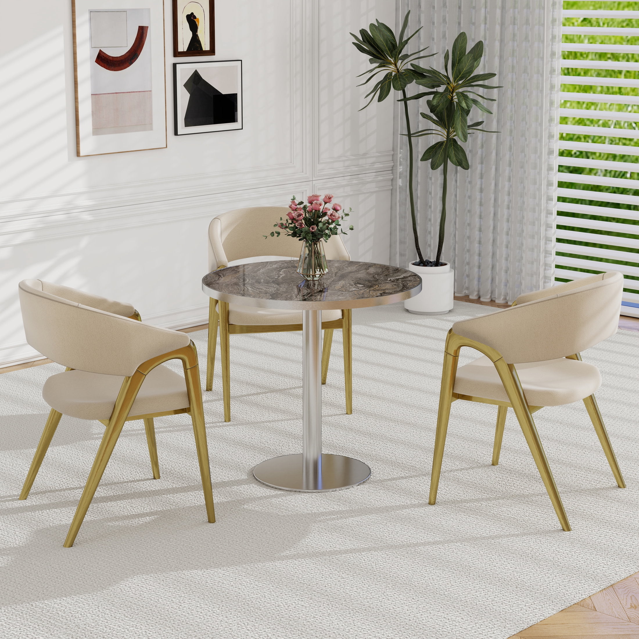 Noble House 31.5" Round Dining Table with Faux Marble Top, Luxury Bistro Table with Stainless Steel Legs, Gray & Silver