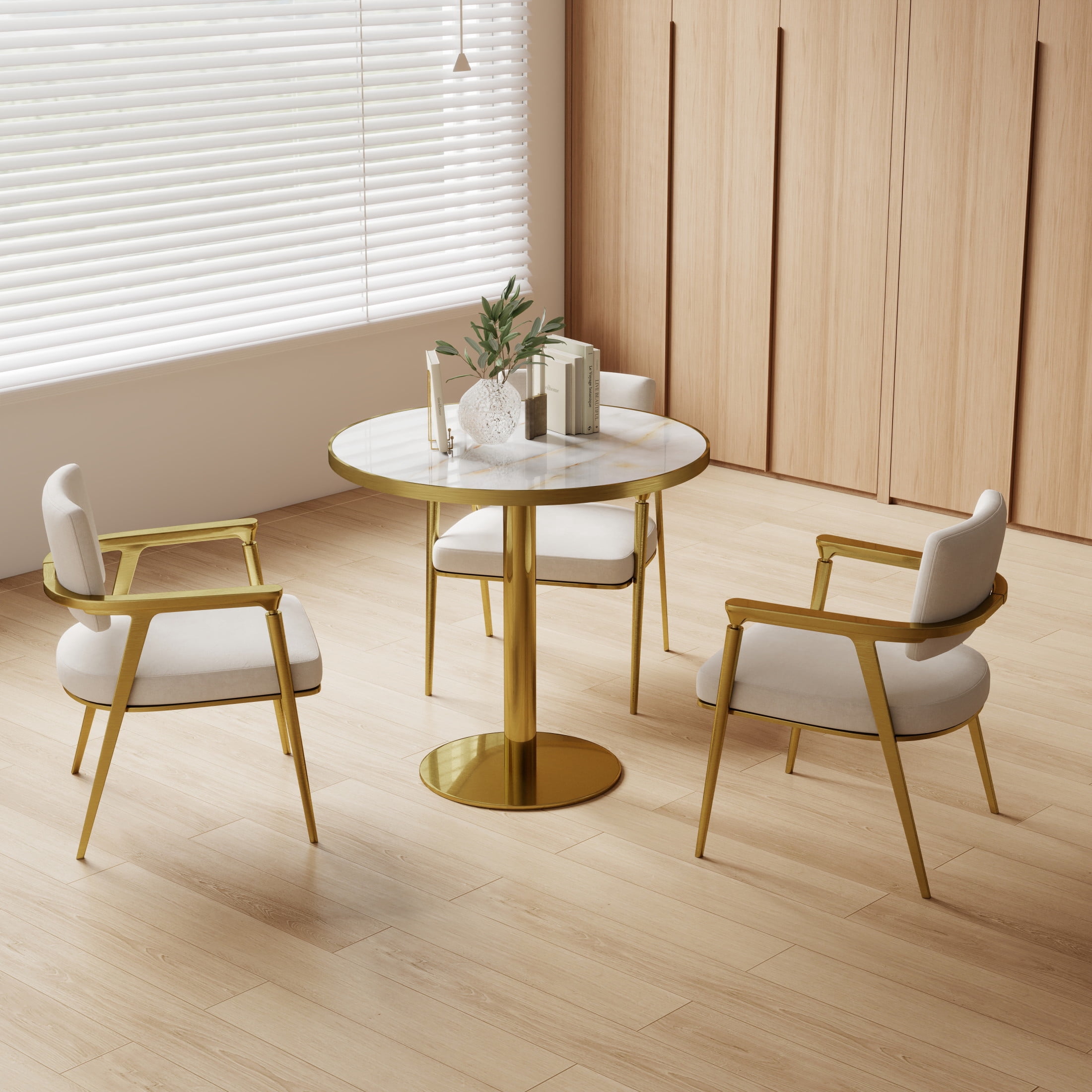 Noble House 31.5" Round Dining Table with Faux Marble Top, Luxury Bistro Table with Stainless Steel Legs, White & Gold