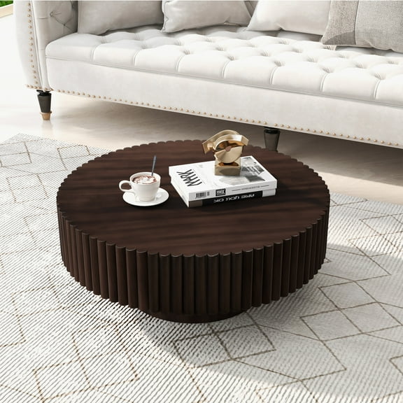 Noble House 31.5" Round Fluted Drum Coffee Table, Solid Wood Modern Center Table for Living Room, Espresso