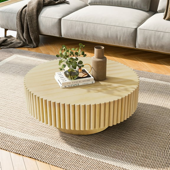 Noble House 31.5" Round Fluted Drum Coffee Table, Solid Wood Modern Center Table for Living Room, Natural