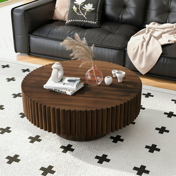Noble House 31.5" Round Fluted Drum Coffee Table, Solid Wood Modern Center Table for Living Room, Walnut