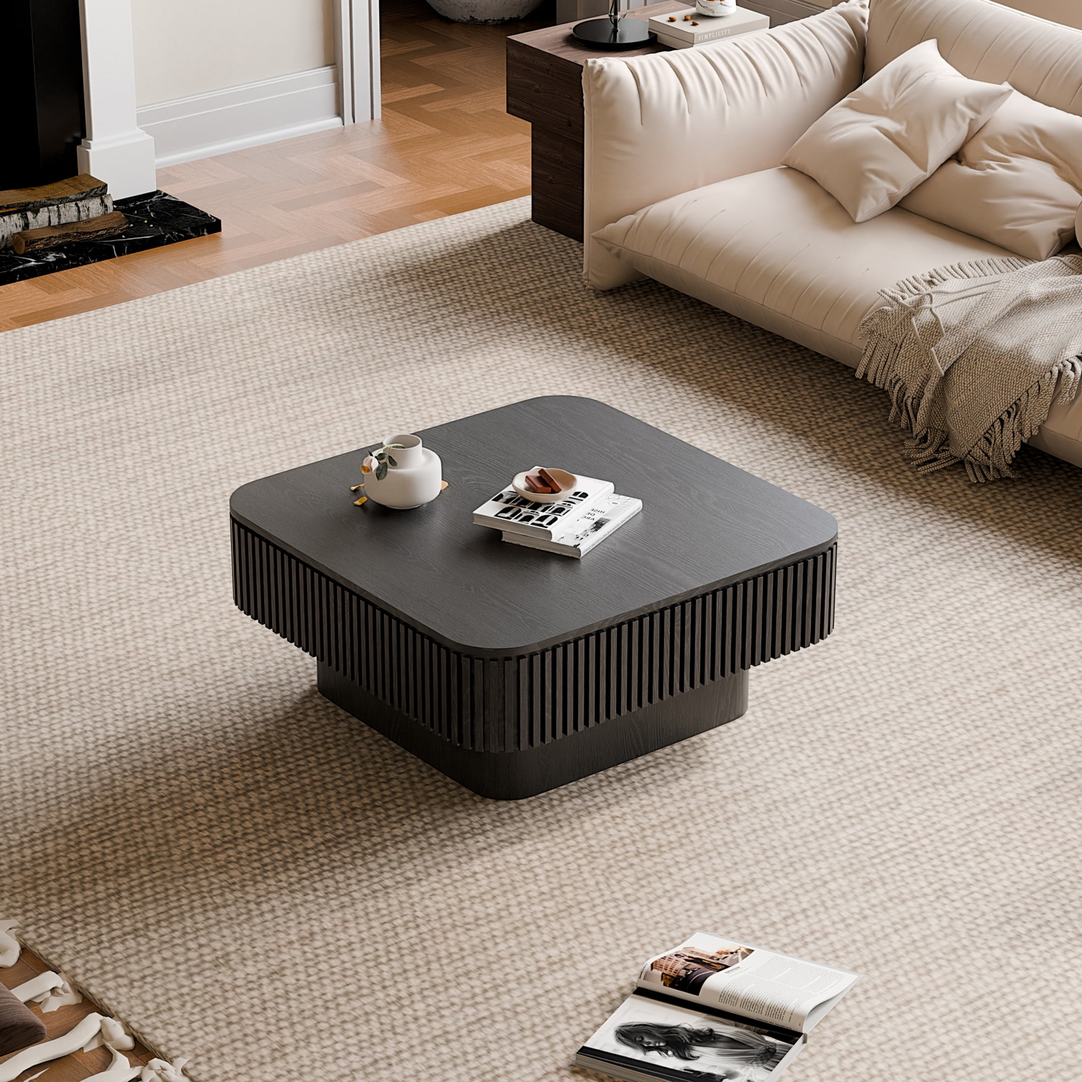 Noble House 31.5" Square Coffee Table, Wood Veneer Flip-Top Storage, Fluted Slat Sides, Living Room, Bedroom, Black