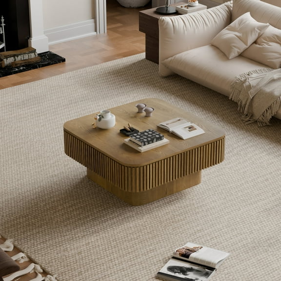 Noble House 31.5" Square Coffee Table, Wood Veneer Flip-Top Storage, Fluted Slat Sides, Living Room, Bedroom, Brown