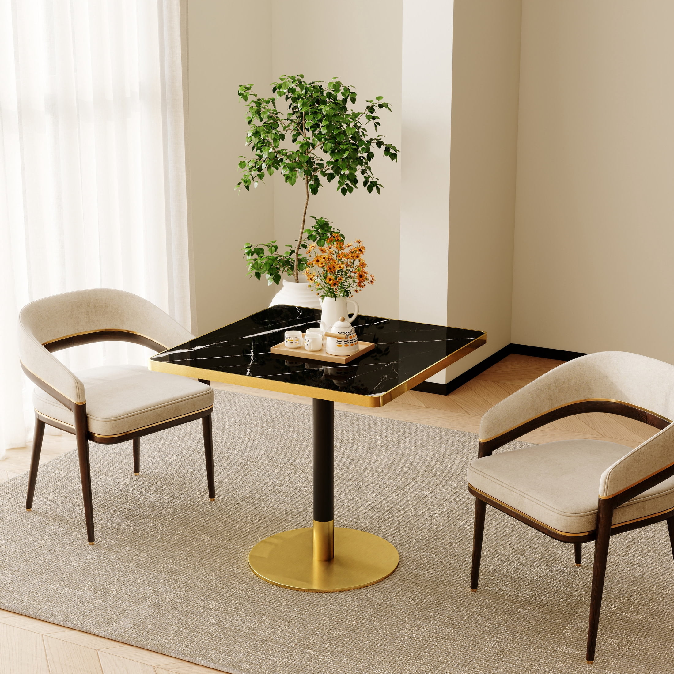 Noble House 31.5" Square Dining Table with Faux Marble Top, Luxury Bistro Table with Stainless Steel Legs, Black & Gold