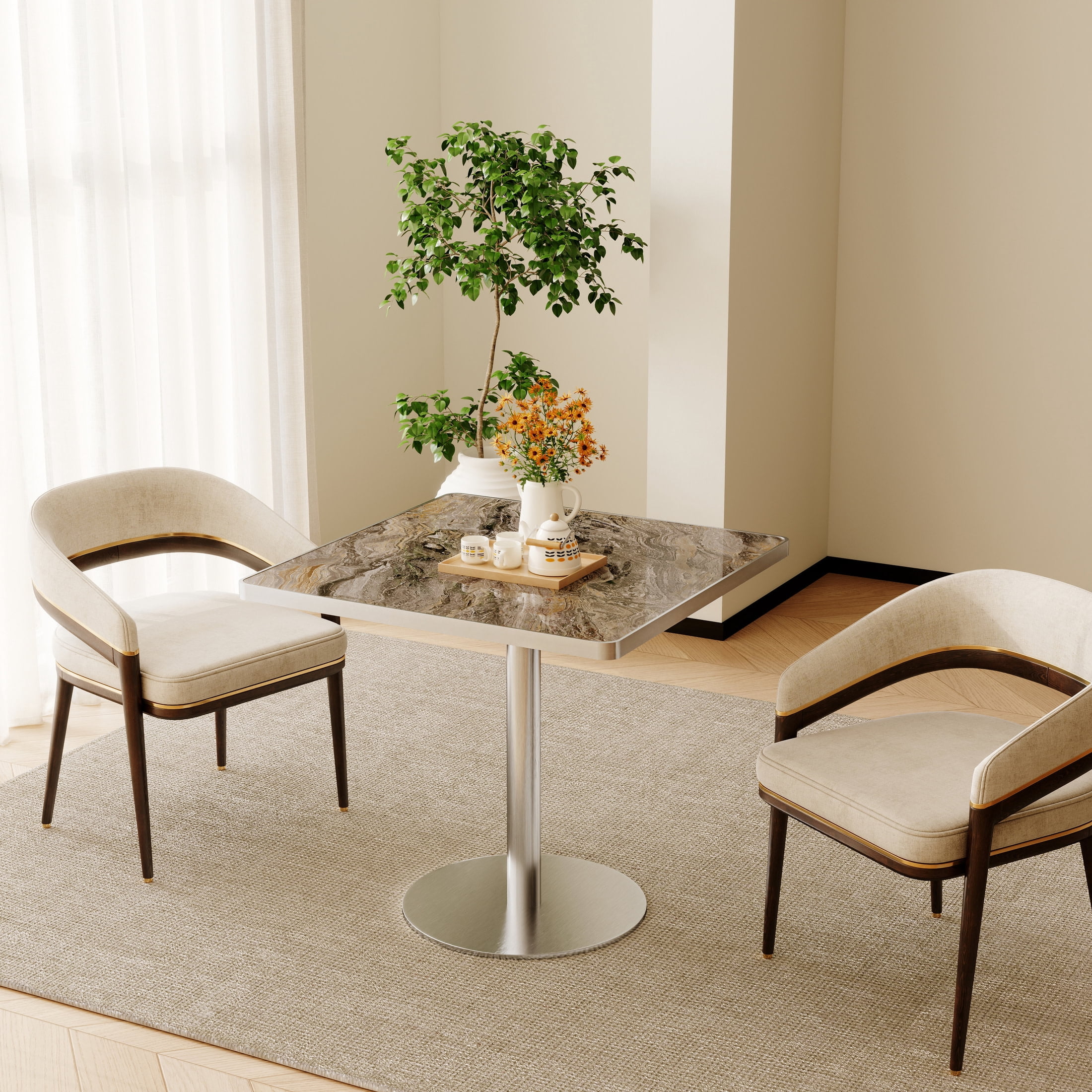 Noble House 31.5" Square Dining Table with Faux Marble Top, Luxury Bistro Table with Stainless Steel Legs, Gray & Silver