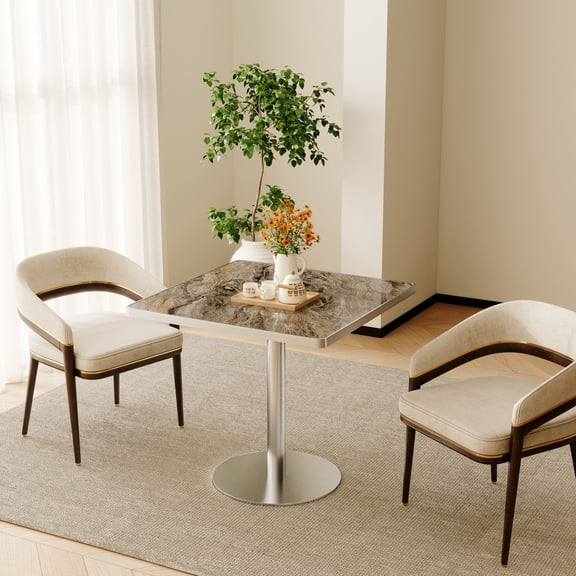 Noble House 31.5" Square Dining Table with Faux Marble Top, Luxury Bistro Table with Stainless Steel Legs, Gray & Silver
