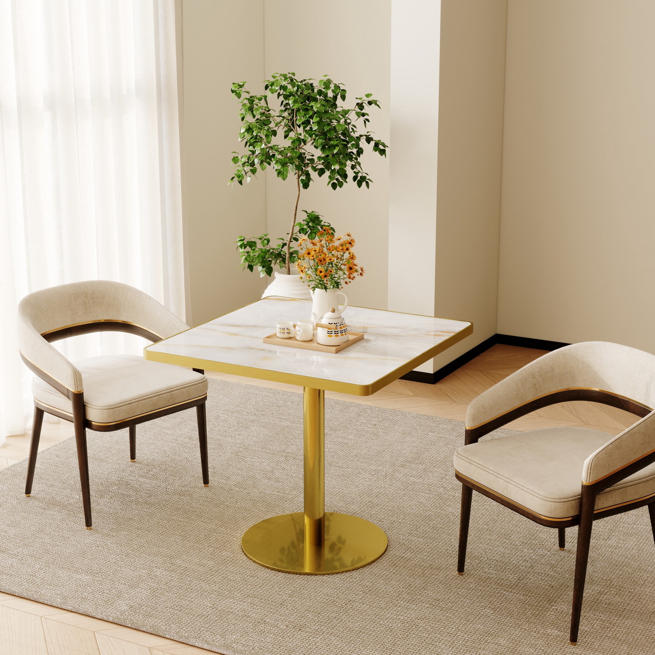 Noble House 31.5" Square Dining Table with Faux Marble Top, Luxury Bistro Table with Stainless Steel Legs, White & Gold