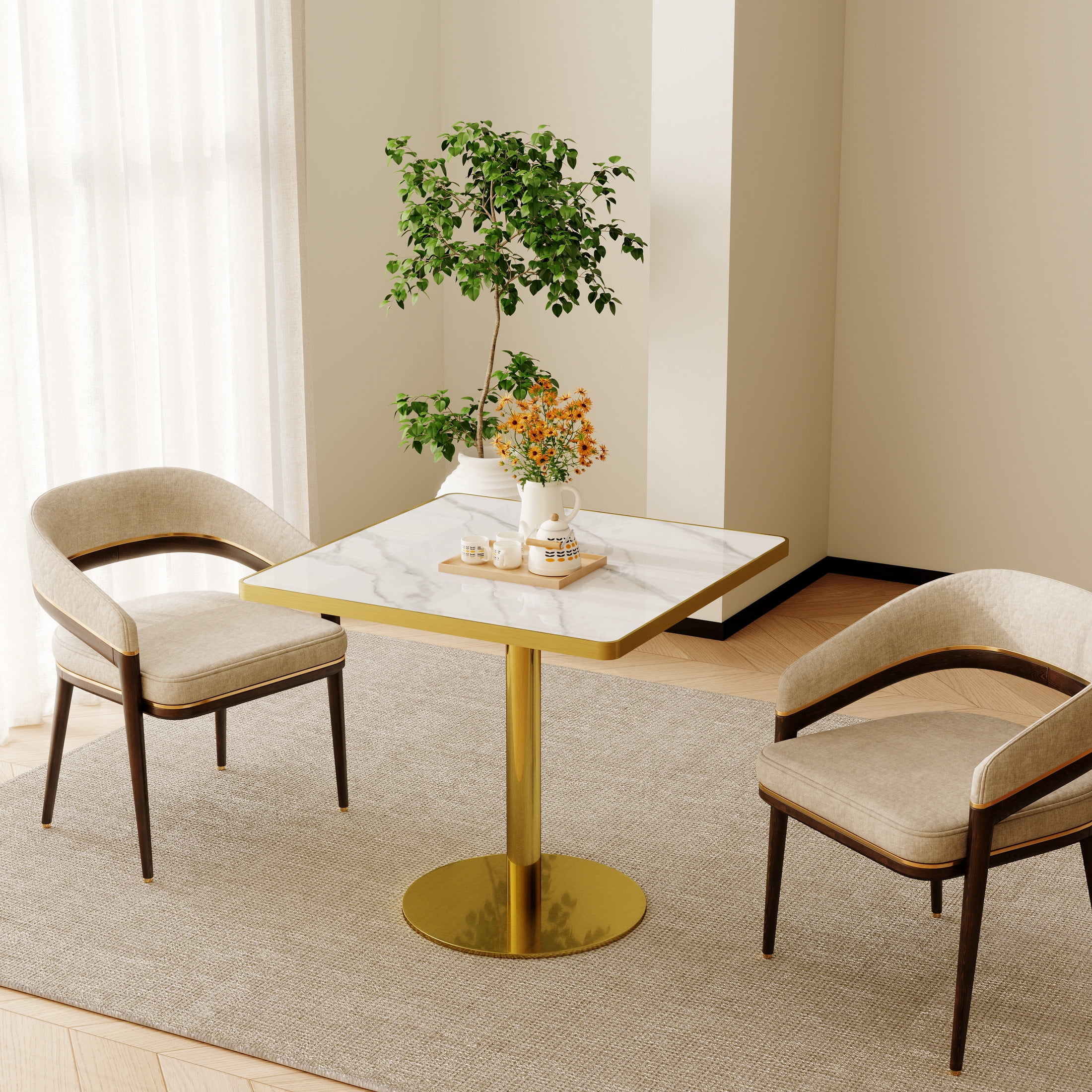 Noble House 31.5" Square Dining Table with Faux Marble Top, Luxury Tulip Table with Stainless Steel Legs, White & Gold