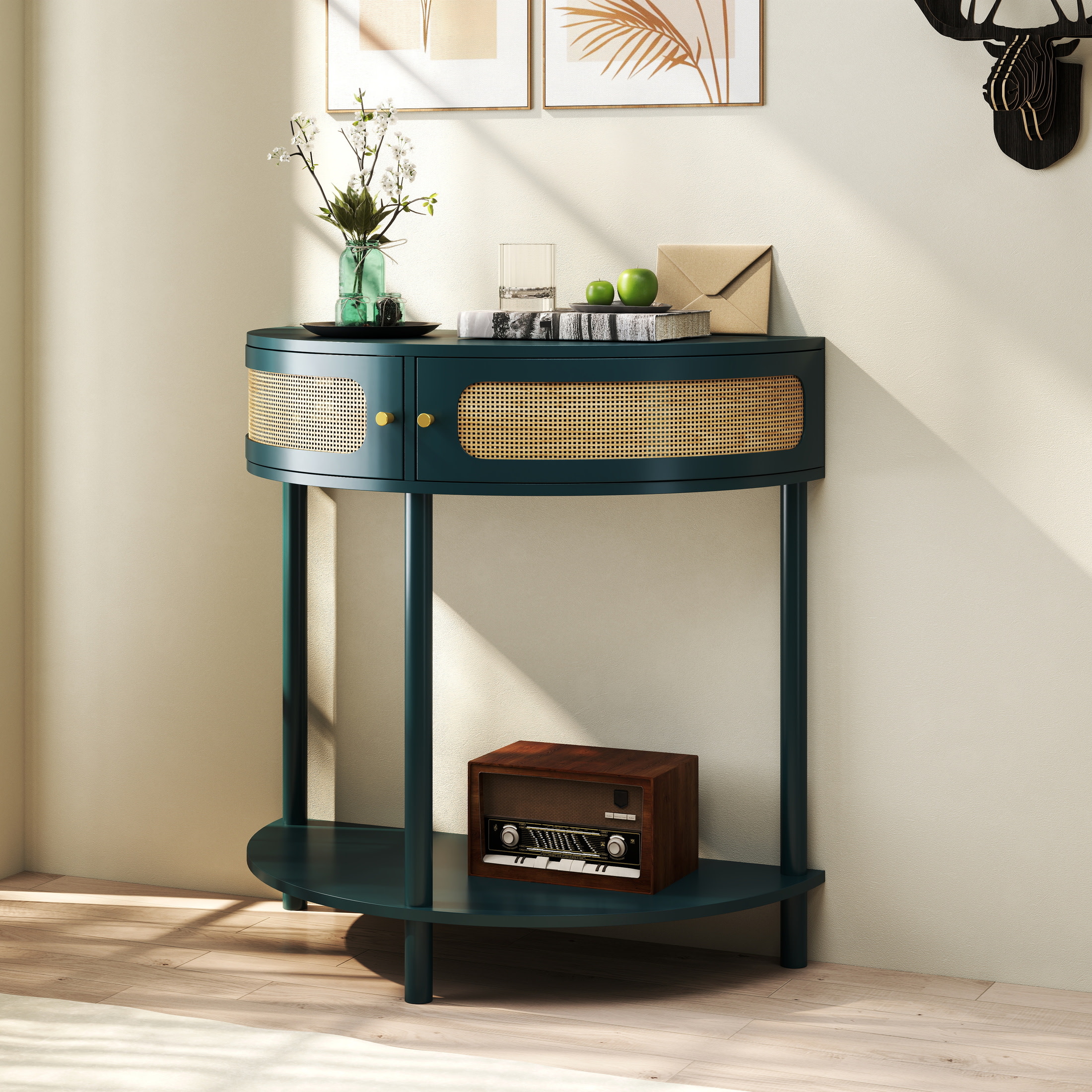 Noble House 31.5" Unique Half-Moon Entry Console, Rattan Doors with Bottom Shelf, Boho End Table, Hallway, Antique Green