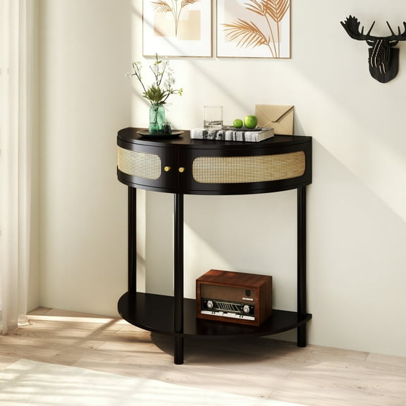 Noble House 31.5" Unique Half-Moon Entry Console, Rattan Doors with Bottom Shelf, Boho End Table, Hallway, Black