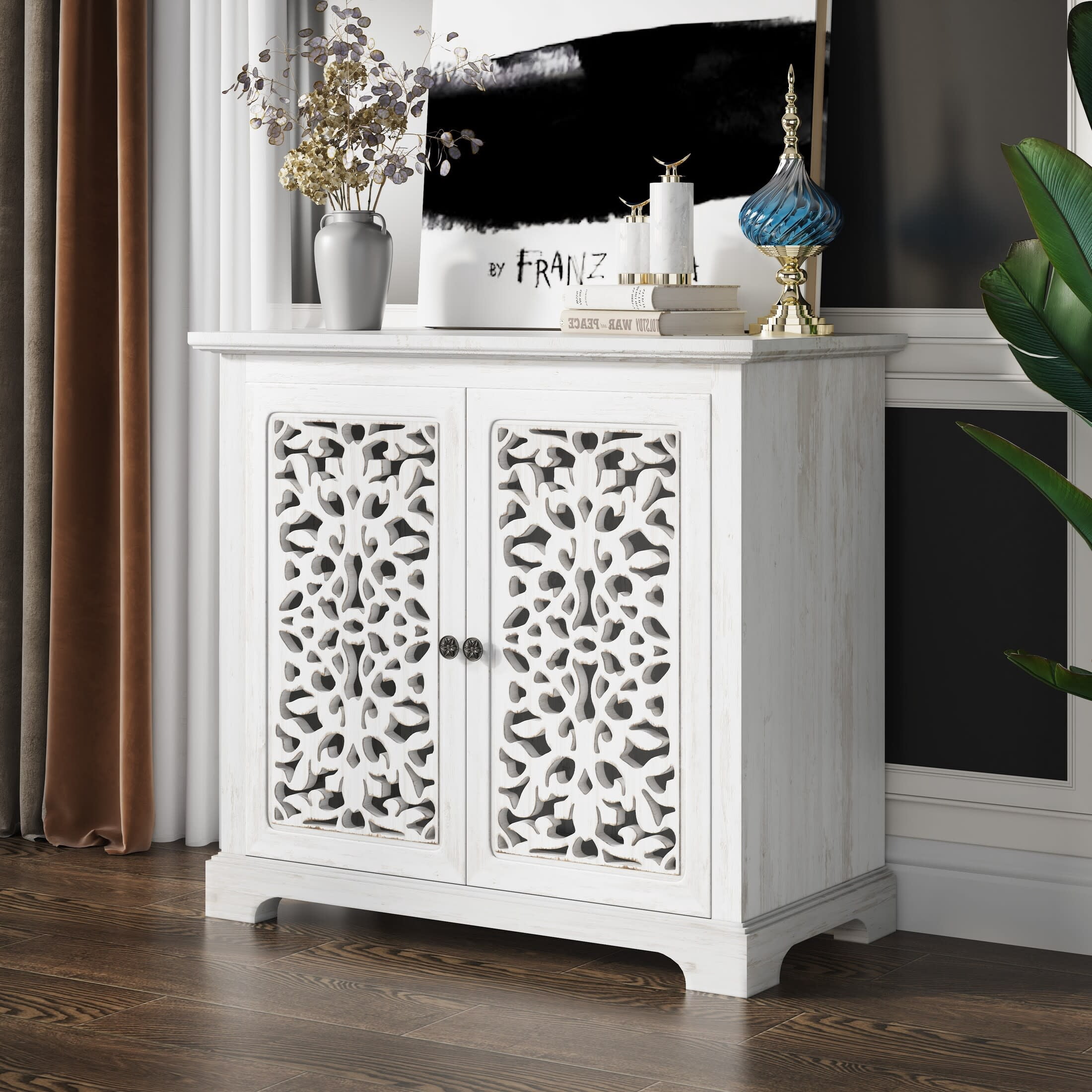 Noble House 31.5" Vintage Sideboard Buffet Cabinet with 2 Carved Doors, Antique White
