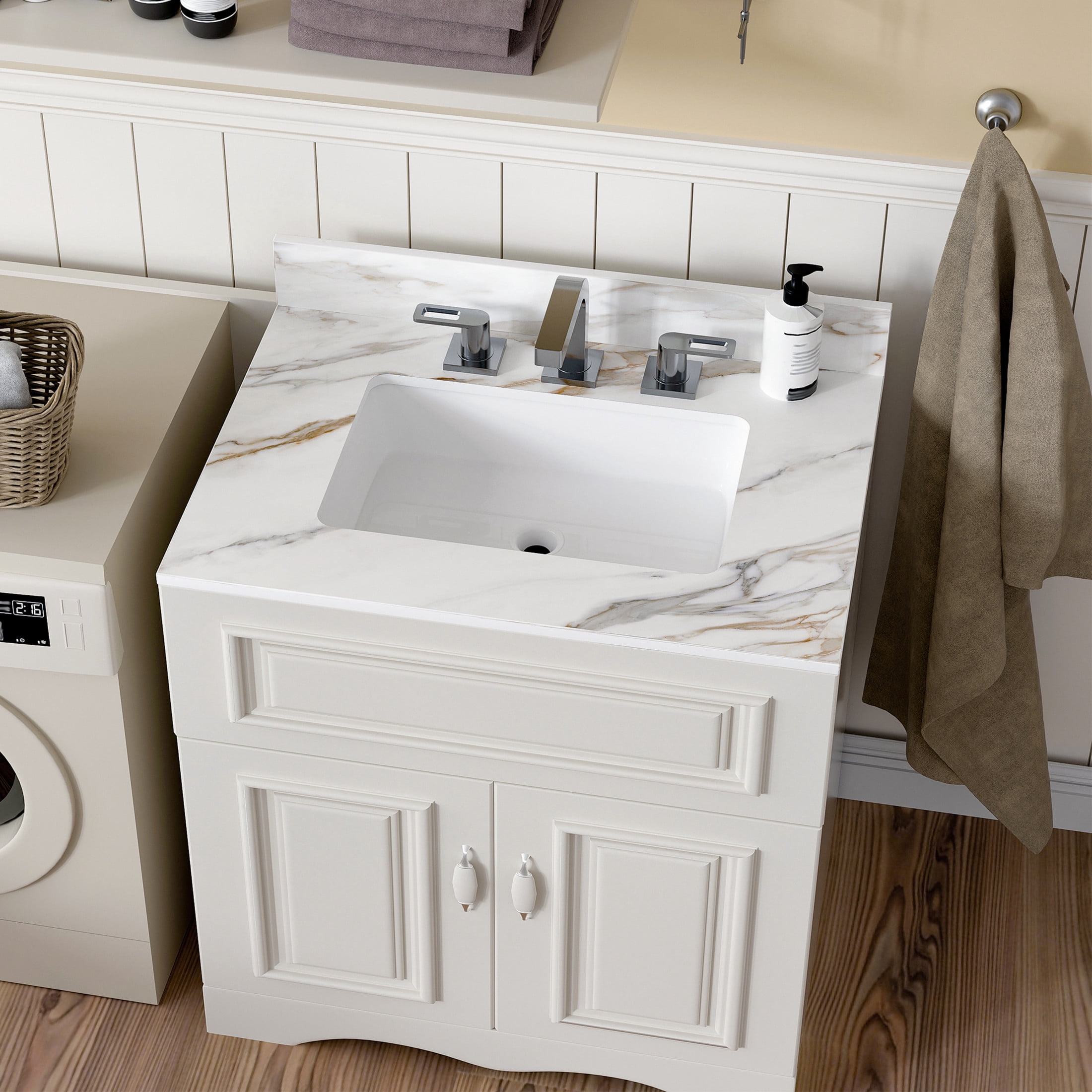 Noble House 31-Inch Bathroom Vanity Top with Undermount Sink, Backsplash, 3 Pre-Drilled Faucet Holes, White