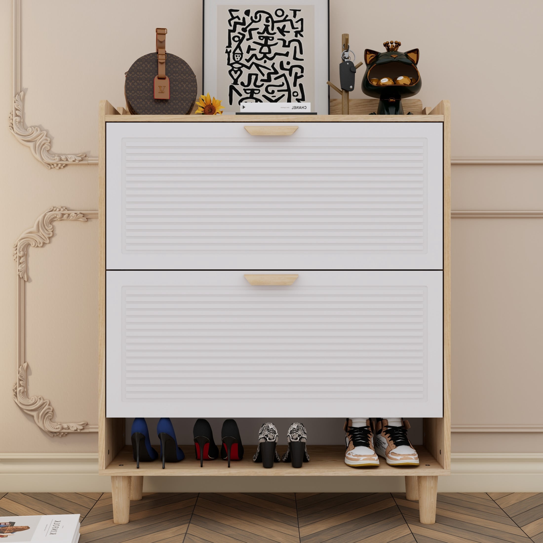 Noble House 31" Nordic Shoe Storage Cabinet, Flip Drawer Narrow Entryway Organizer, Solid Wood Legs, White & Natural