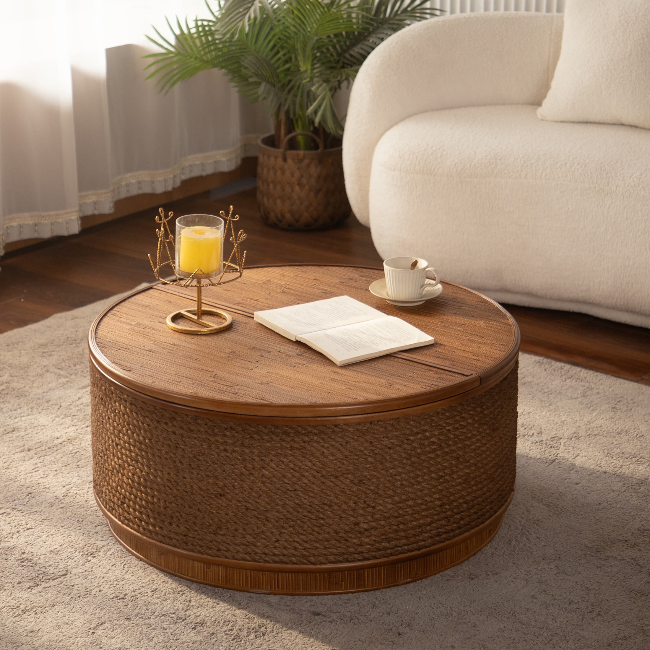 Noble House 31" Round Rattan Storage Coffee Table with Lift-Off Lid and Hand-Woven Rope Trim, Boho-Chic, Natural Wood