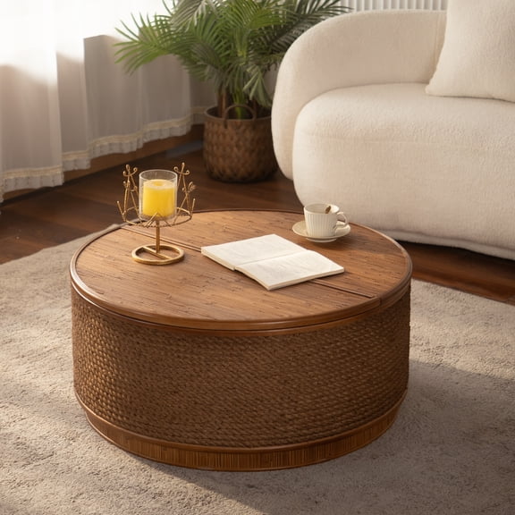 Noble House 31" Round Rattan Storage Coffee Table with Lift-Off Lid and Hand-Woven Rope Trim, Boho-Chic, Natural Wood