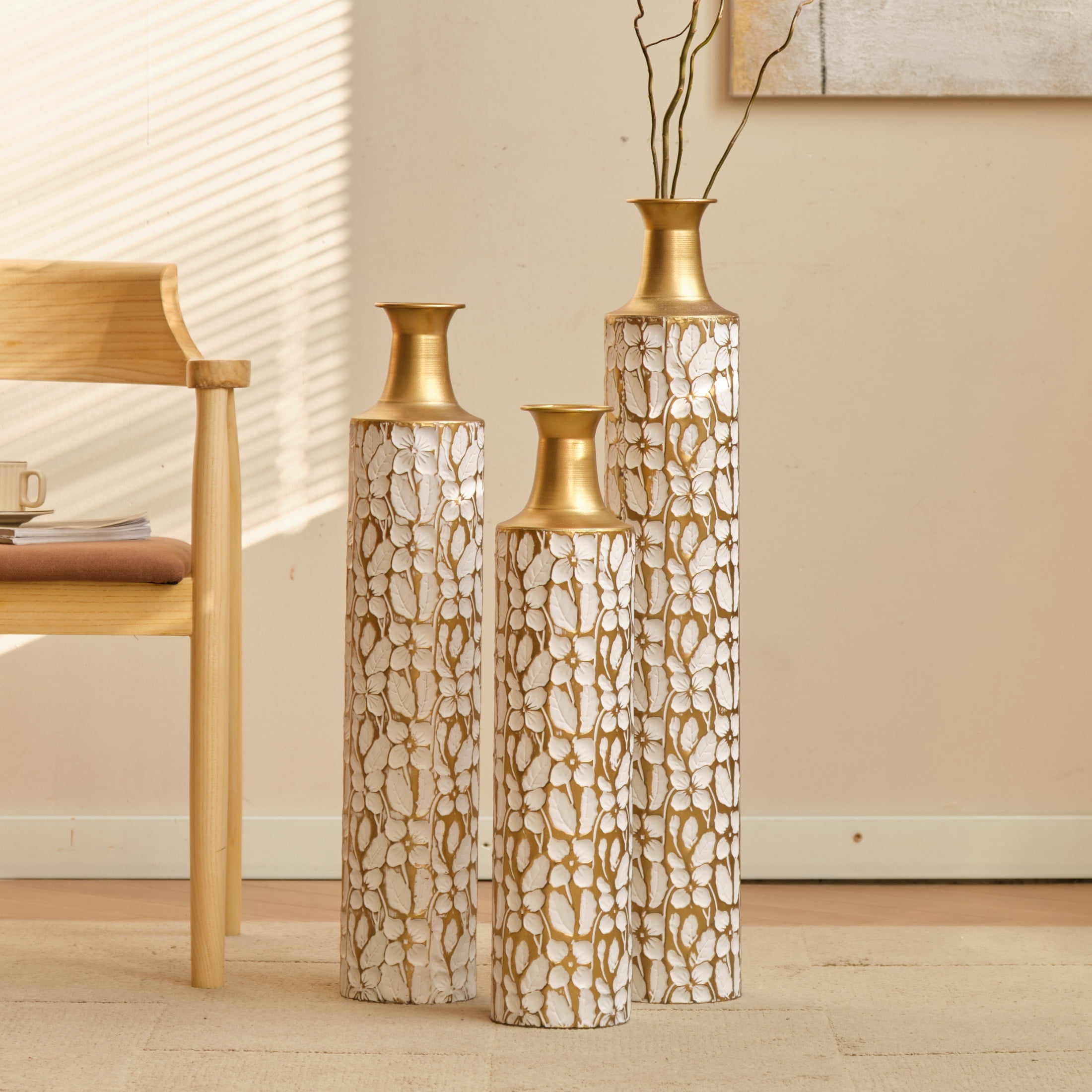 Noble House 32.3", 28", 24" Metal Floor Vase Set of 3, Leaf Pattern, Gold + White
