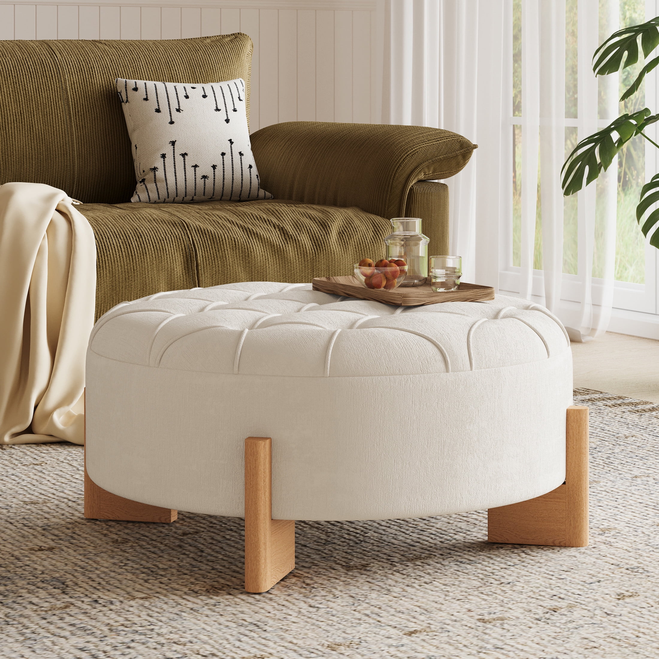 Noble House 32" Round Tufted Button Ottoman Coffee Table with Rubber Wood Legs, Chenille Upholstered Footrest, Beige