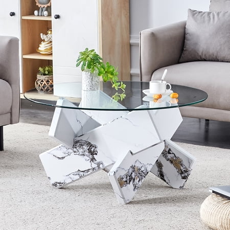 Noble House 33.4" Modern Round Glass Coffee Table, Tempered Top, Marble Patterned MDF Legs, Clear & White