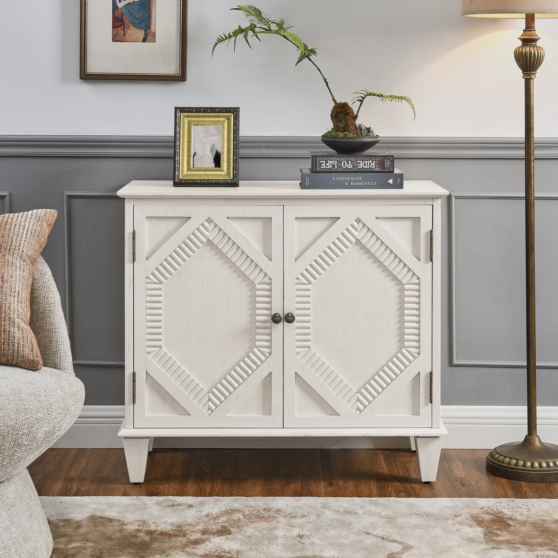 Noble House 33.6" Retro Wooden Sideboard Buffet Cabinet with Geometric Accent, Adjustable Shelf for Living Room, Antique White