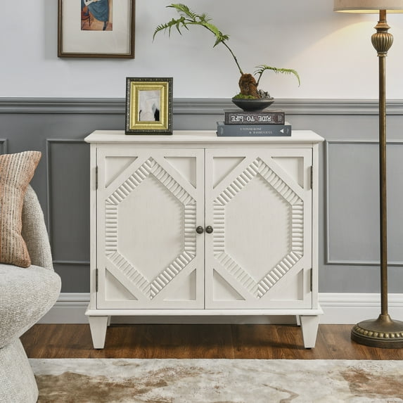 Noble House 33.6" Retro Wooden Sideboard Buffet Cabinet with Geometric Accent, Adjustable Shelf for Living Room, Antique White