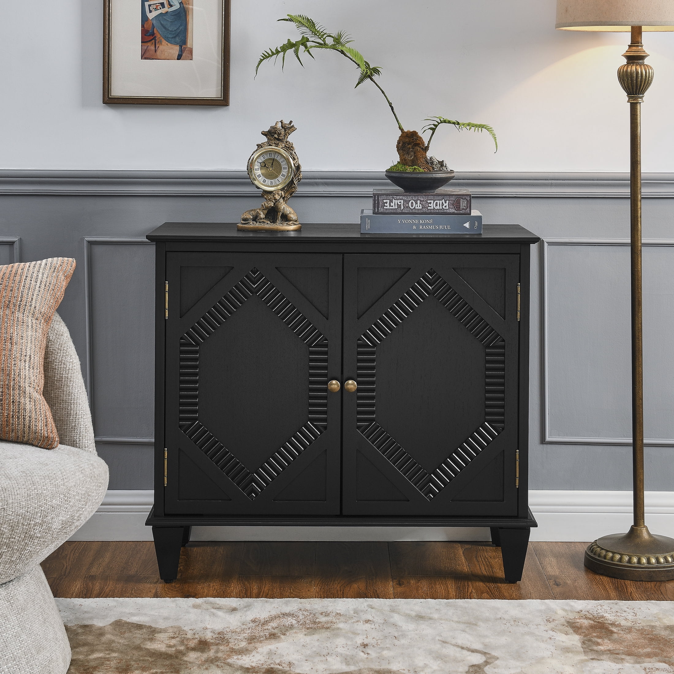 Noble House 33.6" Retro Wooden Sideboard Buffet Cabinet with Geometric Accent, Adjustable Shelf for Living Room, Black