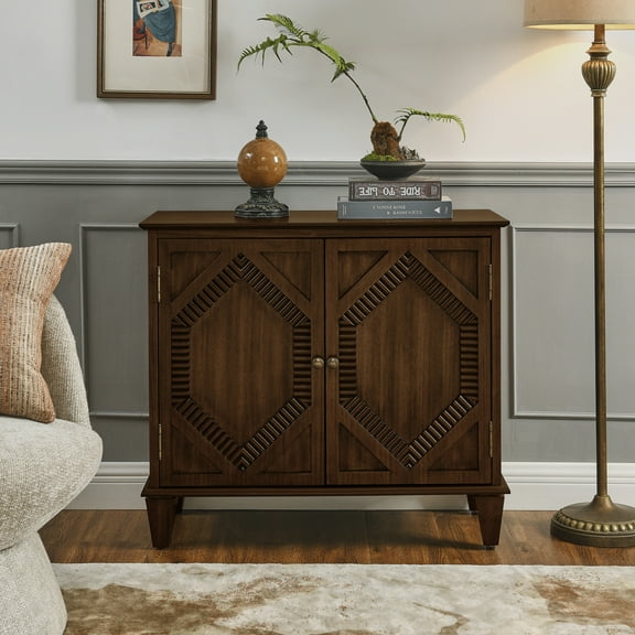 Noble House 33.6" Retro Wooden Sideboard Buffet Cabinet with Geometric Accent, Adjustable Shelf for Living Room, Walnut